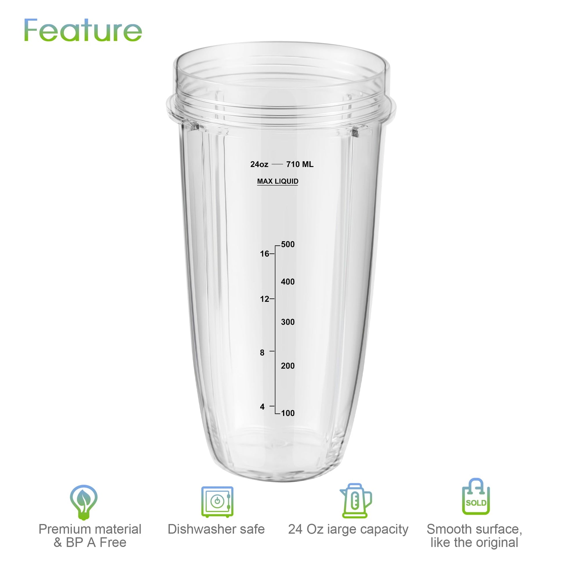 Blender Replacement Parts for Ninja, 24oz Ninja Blender Cups with To-Go Lids, 7 Fins Extractor Blade, Compatible with Nutri Ninja Auto iQ Blenders BL2012 BN801 BL480-30 BL640-30 BL642-30 NN100-30