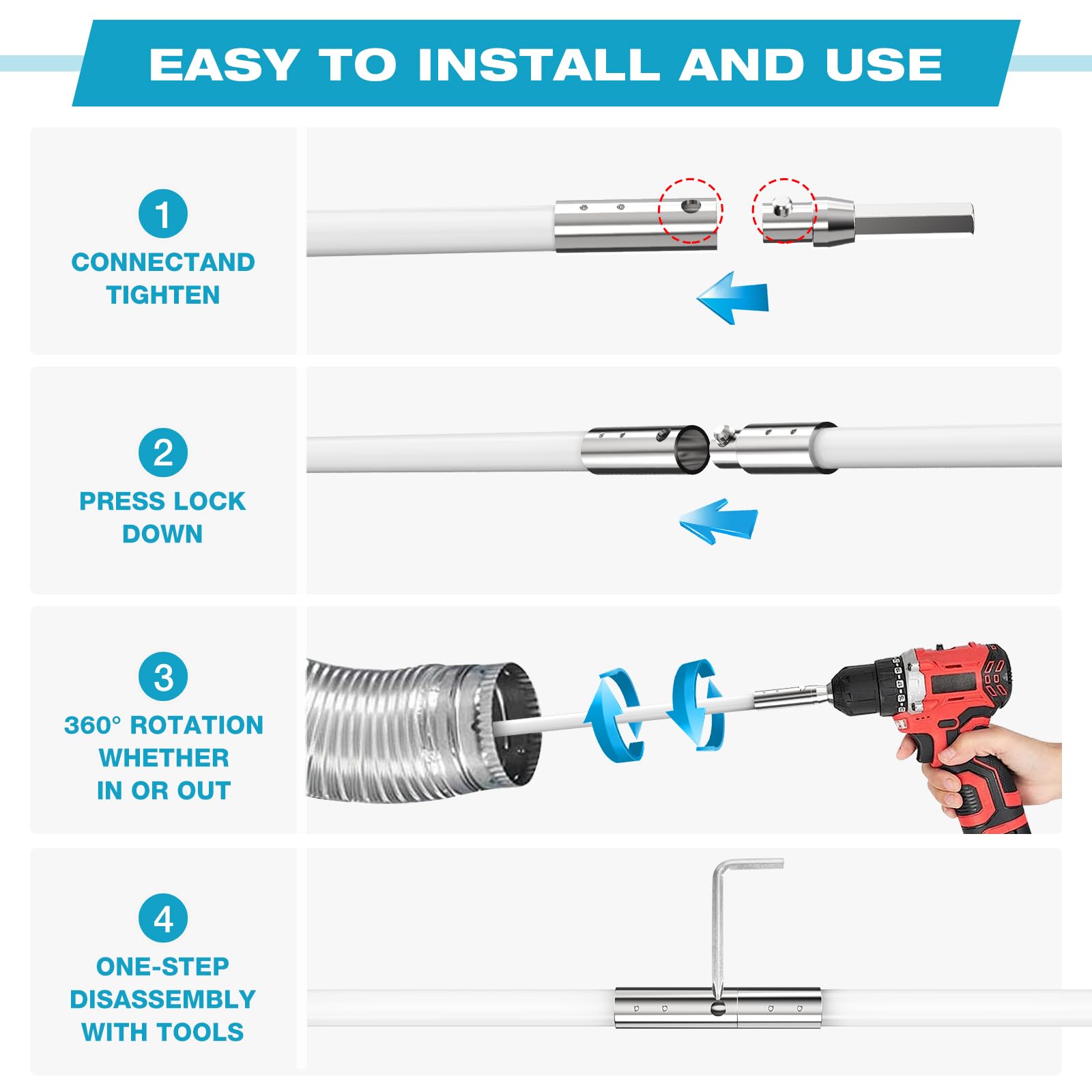 Sealegend 15 Feet Dryer Vent Cleaner Kit, Lint Remover，Upgraded Flexible Quick-Snap Brush with Drill Attachment,Extends Up to 15 FEET for Easy Cleaning，Cleaning Tools Use with/Without a Power Drill