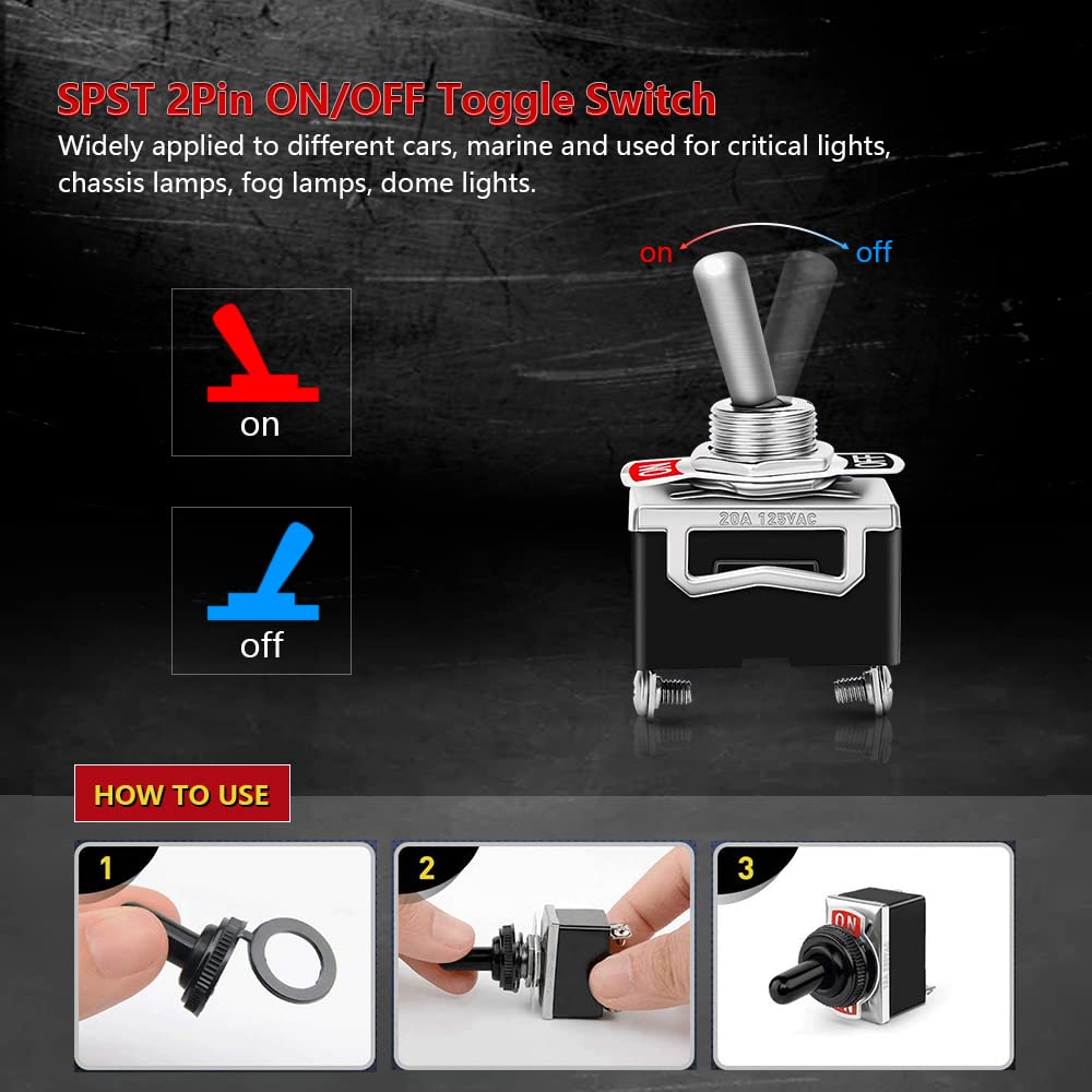 COROTC Toggle Switches, 8 Pack 2 Pin ON Off SPST Car Rocker Switches, 20A 12V Heavy Duty Waterproof Toggle Switch