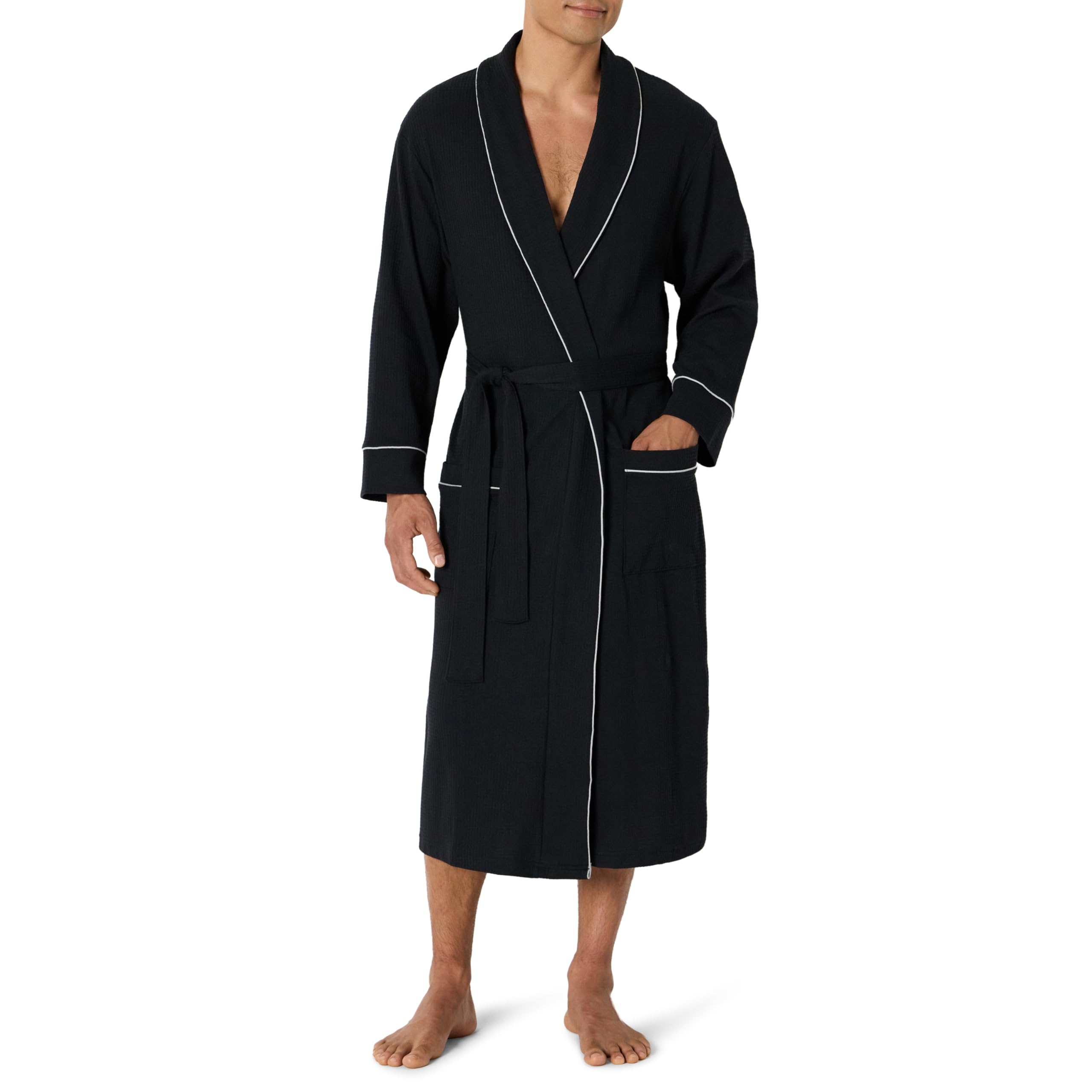 Essentials Men's Lightweight Waffle Bathrobe (Available in Big & Tall), Black, Medium-Large