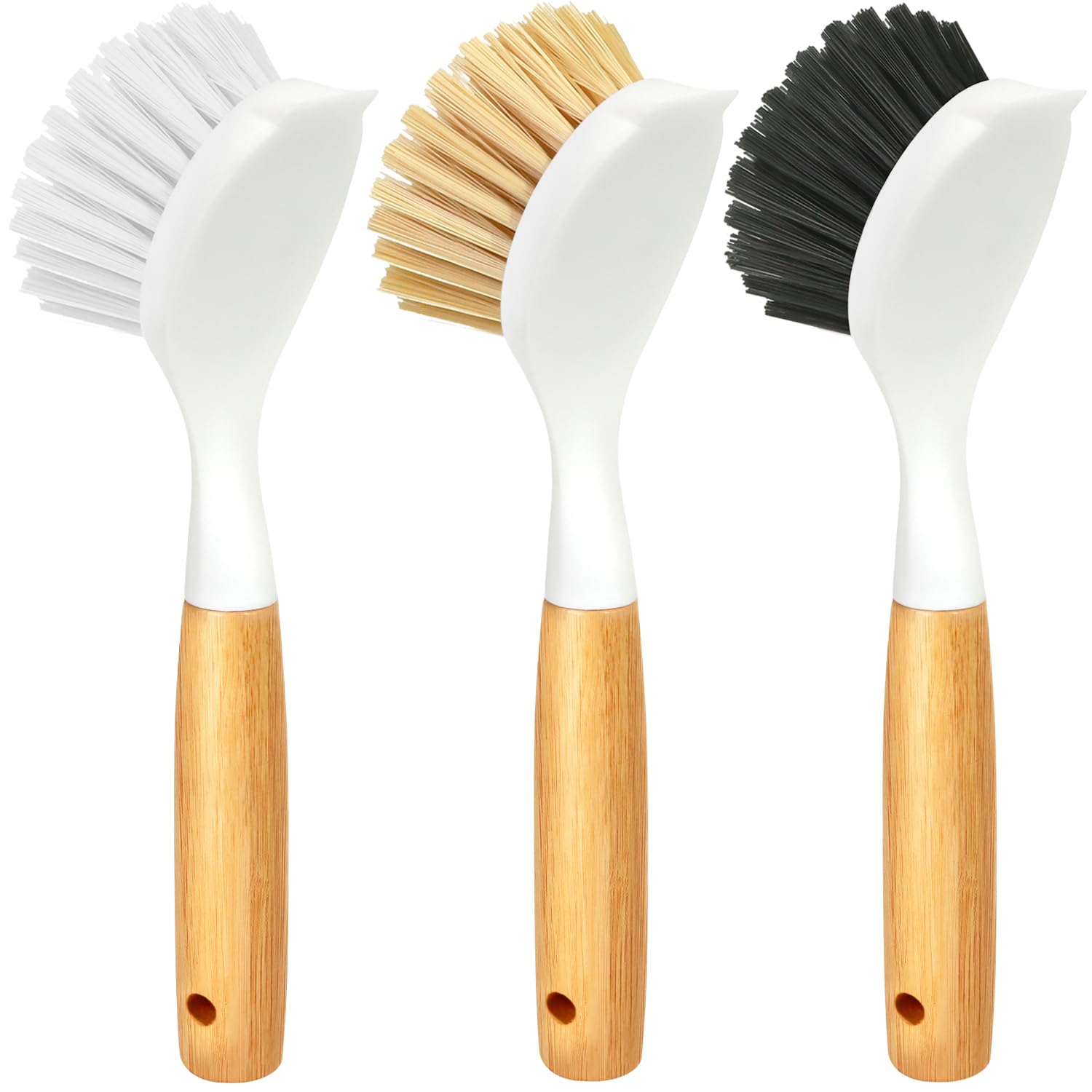 Holikme 3er Pack Spülbürsten-Set mit Bambusgriff, Küchenbürsten zum Reinigen von Töpfen, Spülen und Herden, Pfannenreiniger mit robusten Borsten für Gusseisen-Grillpfannen, Gelb-Weiß-Schwarz
