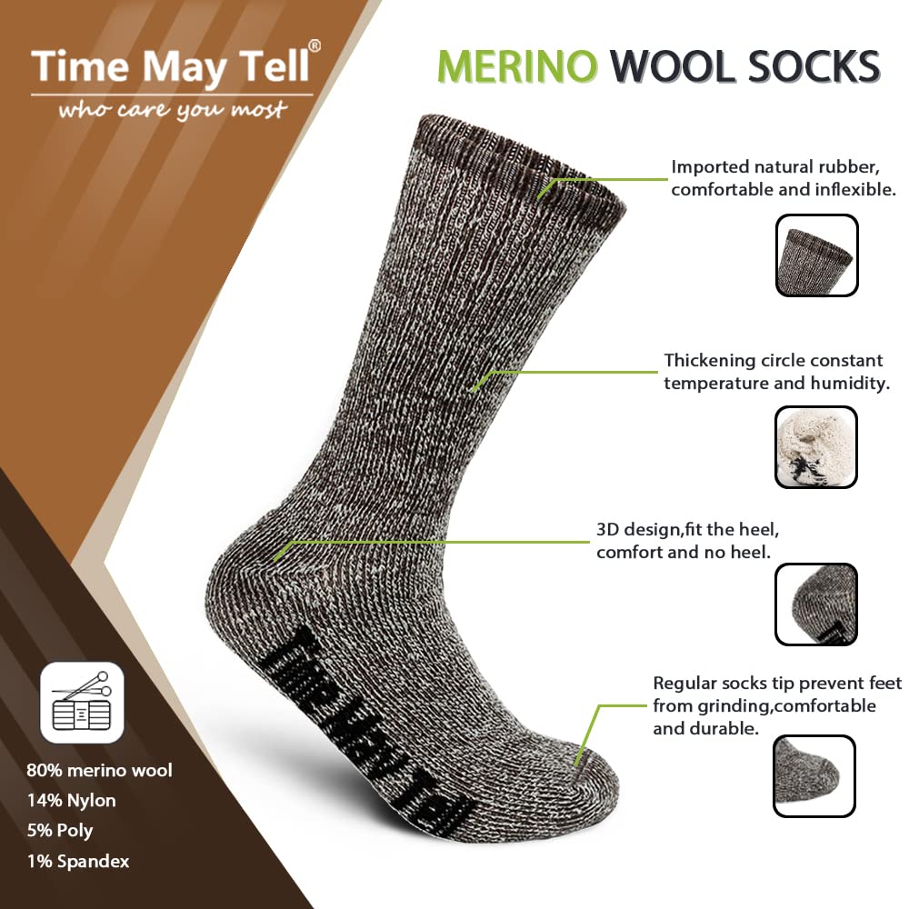 Time May Tell Mens Merino Wool Hiking Cushion Socks Thermal Warm Crew Winter Boot Socks Pack (Brown(2 pairs), US Size 9-13)