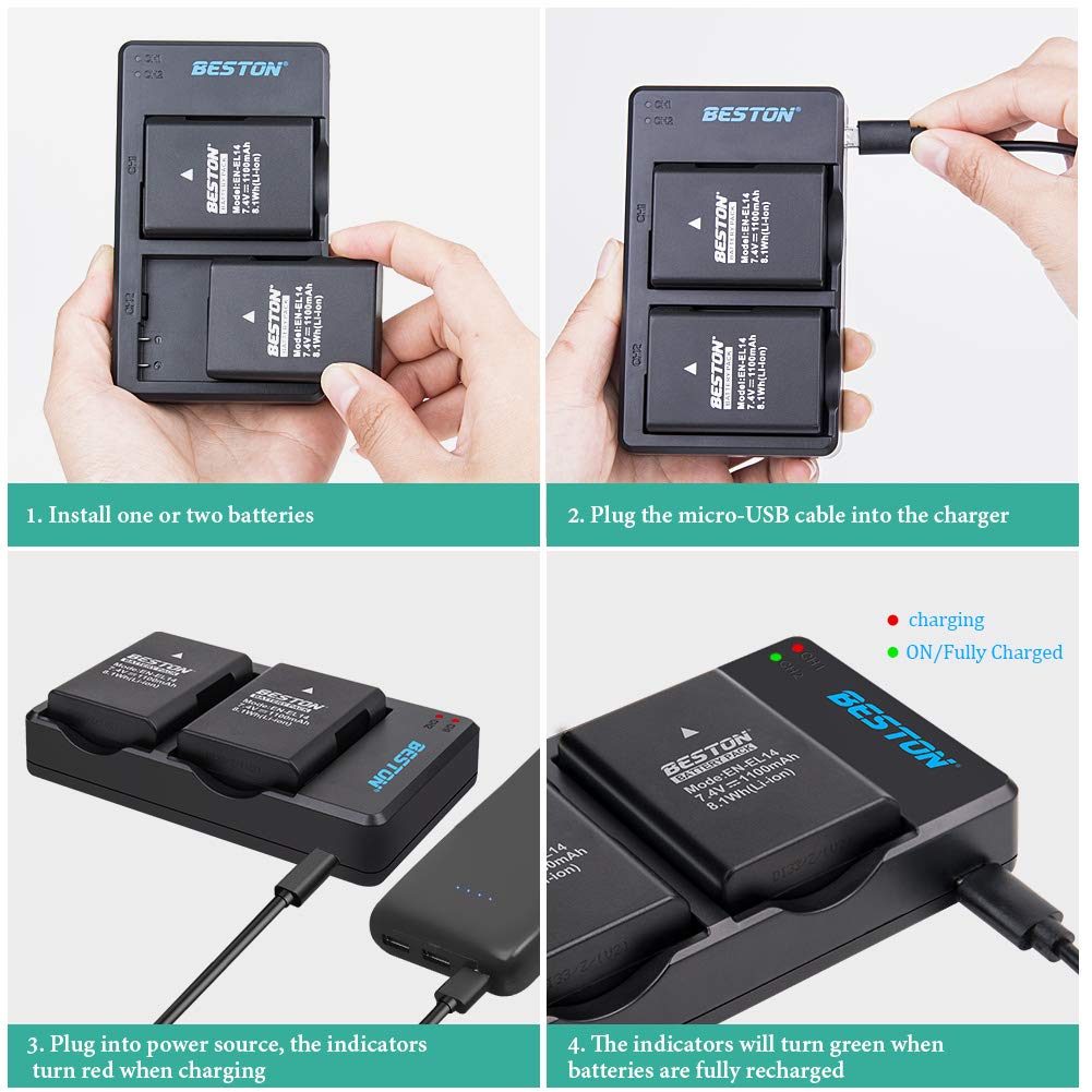 BESTON 2-Pack EN-EL14 / EN-EL14a Battery Packs and Rapid USB Charger Compatible with Nikon D3100 D3200 D3300 D3400 D3500 D5100 D5200 D5300 D5500 D5600 DF Coolpix P7000 P7100 P7700 P7800 Cameras