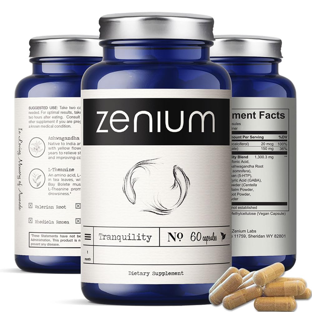 Zenium - Lindert Stress, Anspannung, Sorgen, Nervosität und Reizbarkeit | Beruhigt Geist & Körper | Ayurvedisch | Natürliches Entlastungspräparat | Stimmungsaufhellend | Ashwagandha, L-Theanin, GABA, Rhodiola | 60 Kapseln