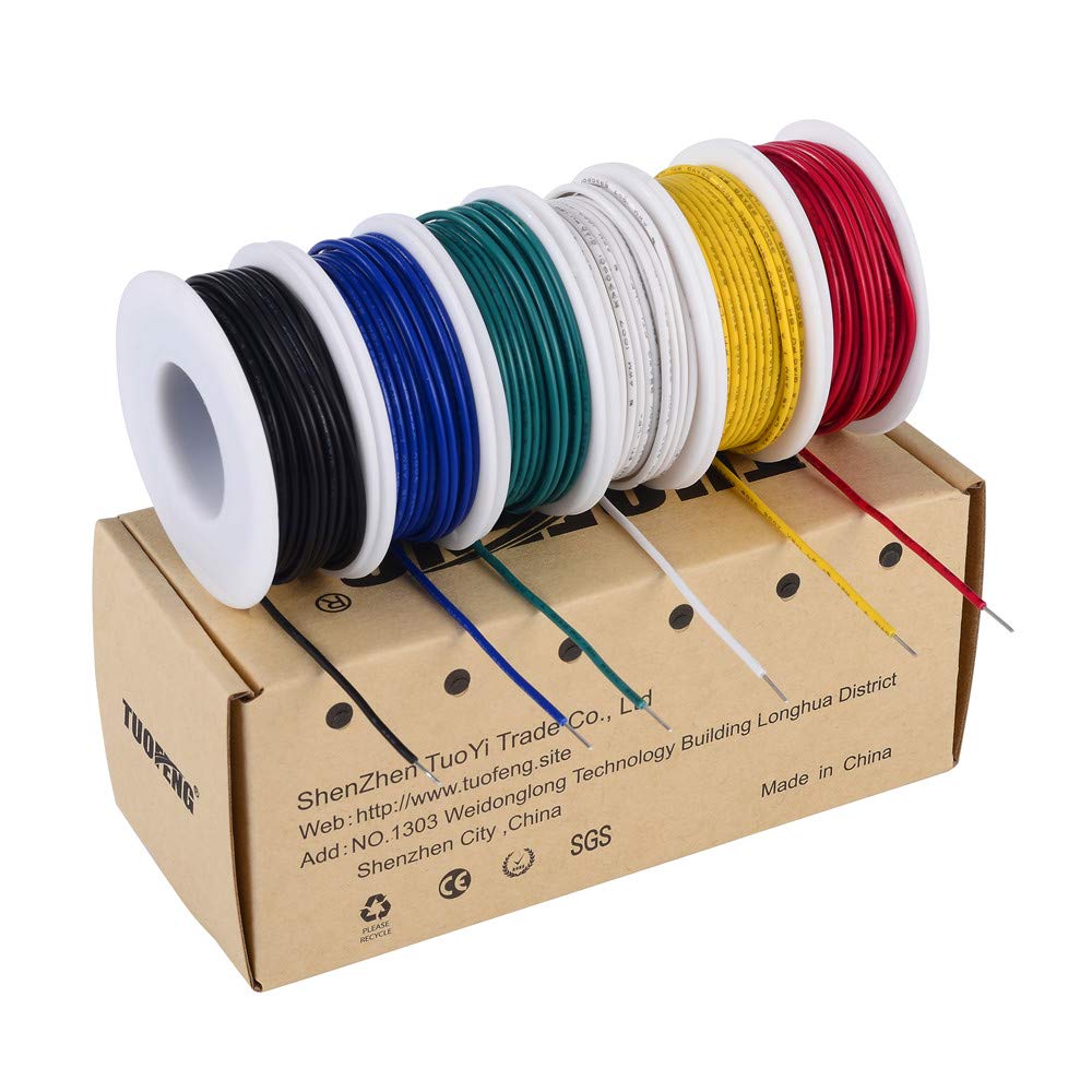TUOFENG 22 AWG Draht, massiver Kern, Anschlussdrähte – 6 verschiedenfarbige Steckbrettdrähte, je 9 m (30 Fuß), 22 Gauge, elektronischer PVC-Draht (Außendurchmesser: 1,60 mm) für Arduino