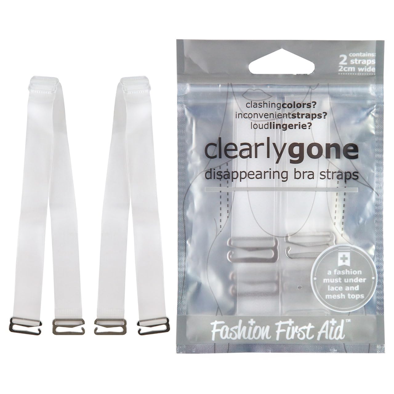 Fashion First Aid Clearly Gone Invisible Clear Bra Straps for Women - 3/4 Inch Wide with Metal Hooks - Adjustable Transparent Strap Pair for Strapless and Convertible Bras