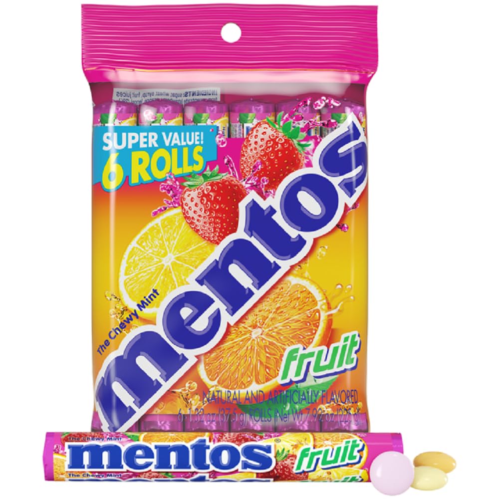 Mentos Bonbons, Mint Kaukbombe Rolle, Früchte, Nicht schmelzend, 37,42 g, 6 Stück (1er-Pack)