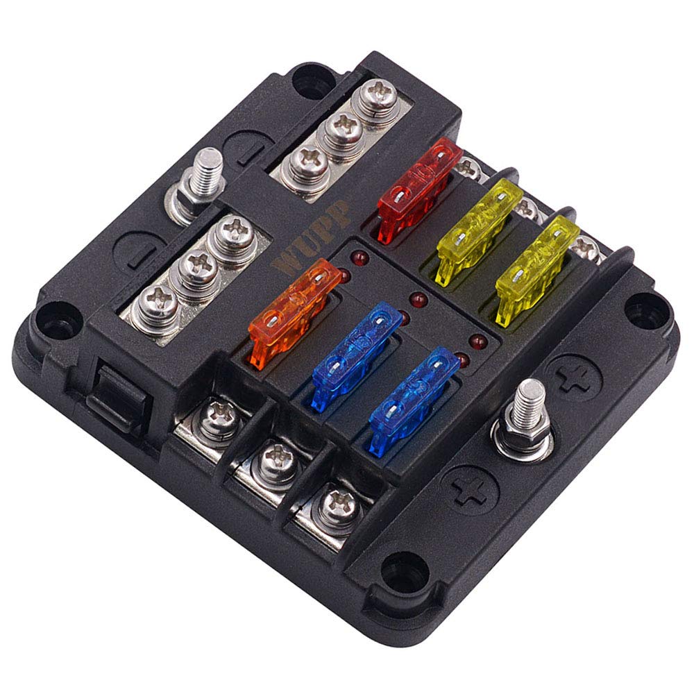 WUPP 12 Volt Fuse Block, Waterproof Boat Fuse Panel with LED Warning Indicator Damp-Proof Cover, 6 Circuits with Negative Bus Fuse Box for Car Marine RV Truck DC 12-24V