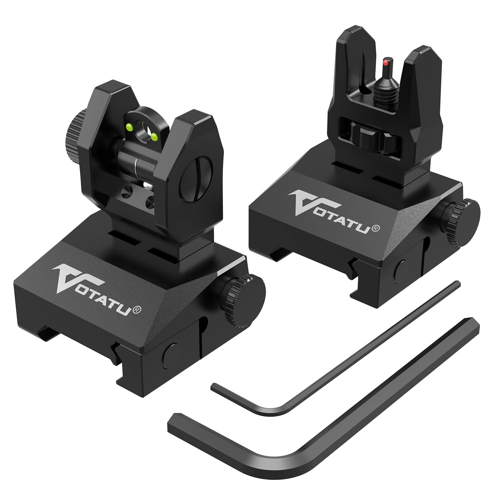 VOTATU V2 Fiber Optic Iron Sights, Flip Up Front and Rear Backup Sights with Green Red Dots, Adjustable Front Sight Rapid Transition