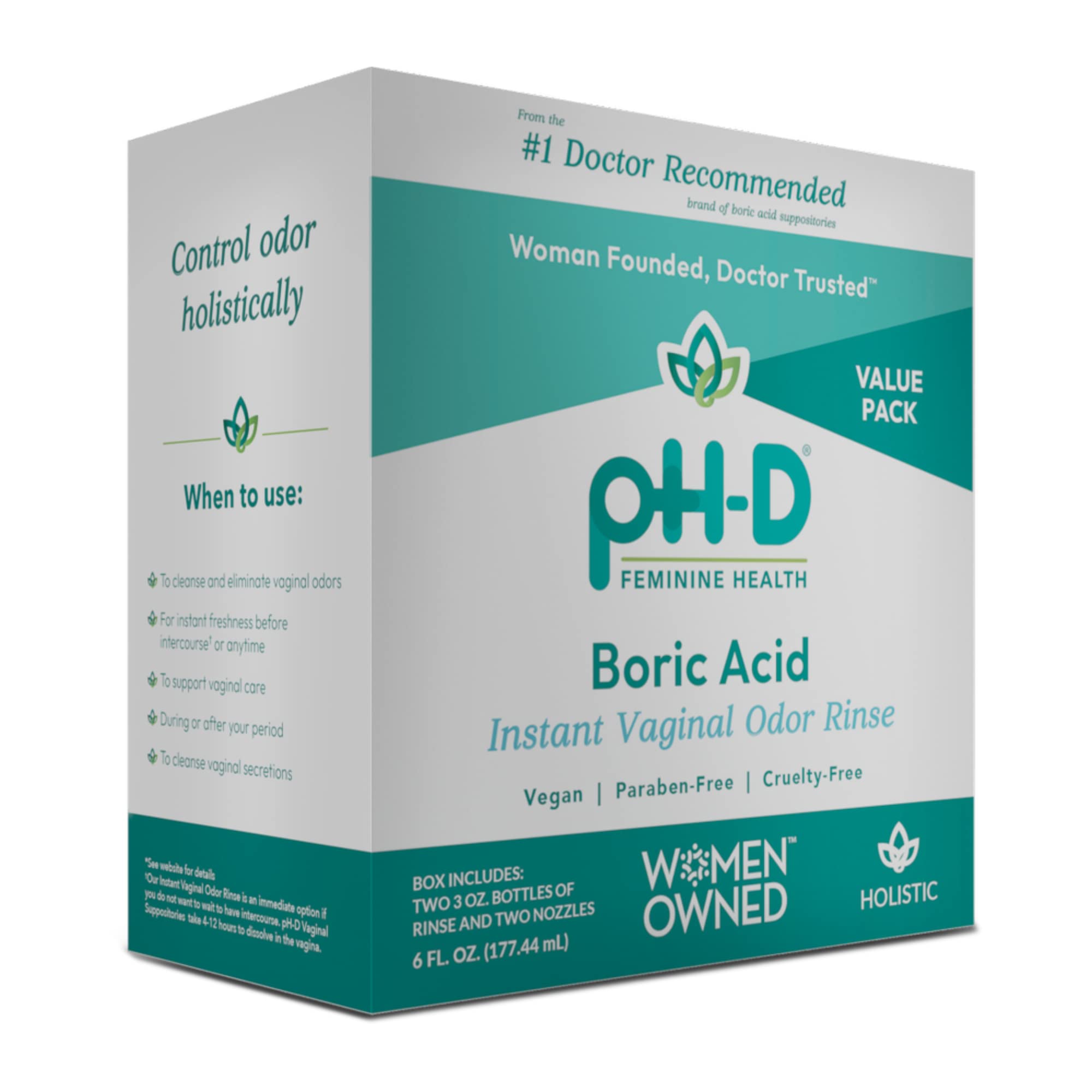 pH-D Feminine Health Support - Instant Odor Rinse with Boric Acid for Vaginal Odor - Vegan, Paraben-Free, Cruelty-Free, 6 Fl Oz Total, (3 Fl Oz, Pack of 2)
