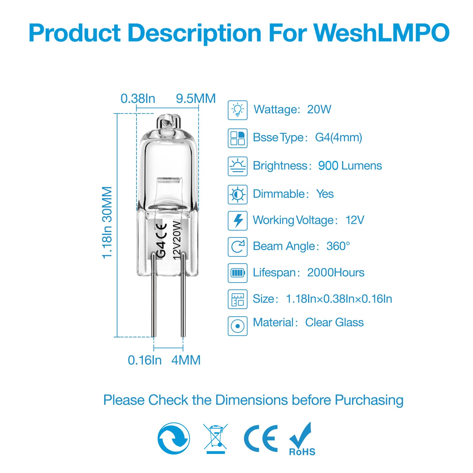 WeshLMPO G4 Bulb,12V 20W Halogen Light Bulbs 2 Pin,G4 Light Bulbs Replacement for Under Cabinet Puck Light,Chandeliers, Accent Lights, Track Lighting (12 Pack)