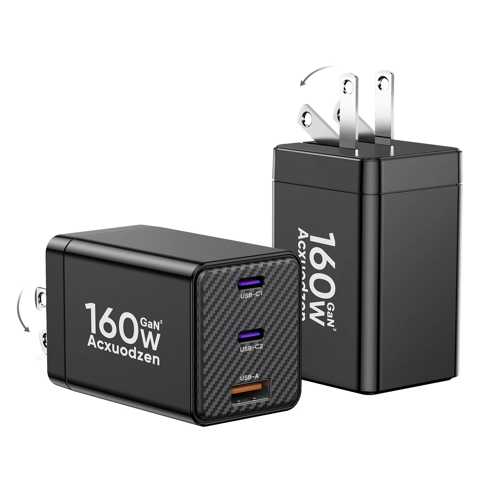 [2er-Pack] USB-C-Ladegerät 160W, 3-Port GaN Super-Schnellladegerät, Dual 65W Typ-C-Ladegerät, faltbares QC3.0 Laptop-Schnellladeadapter für MacBook, iPhone, Samsung, Galaxy, iPad, Android, Schwarz