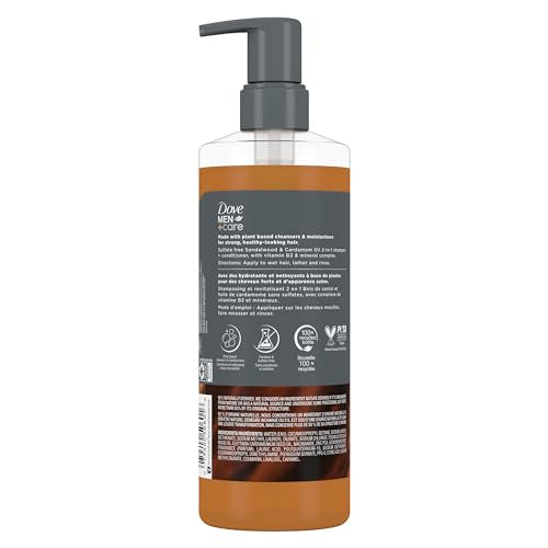 DOVE MEN + CARE 2-in-1 Shampoo + Conditioner Sandalwood & Cardamom Oil for Thick & Full Hair, + Vitamin B3 & Mineral Complex, 17.5 oz
