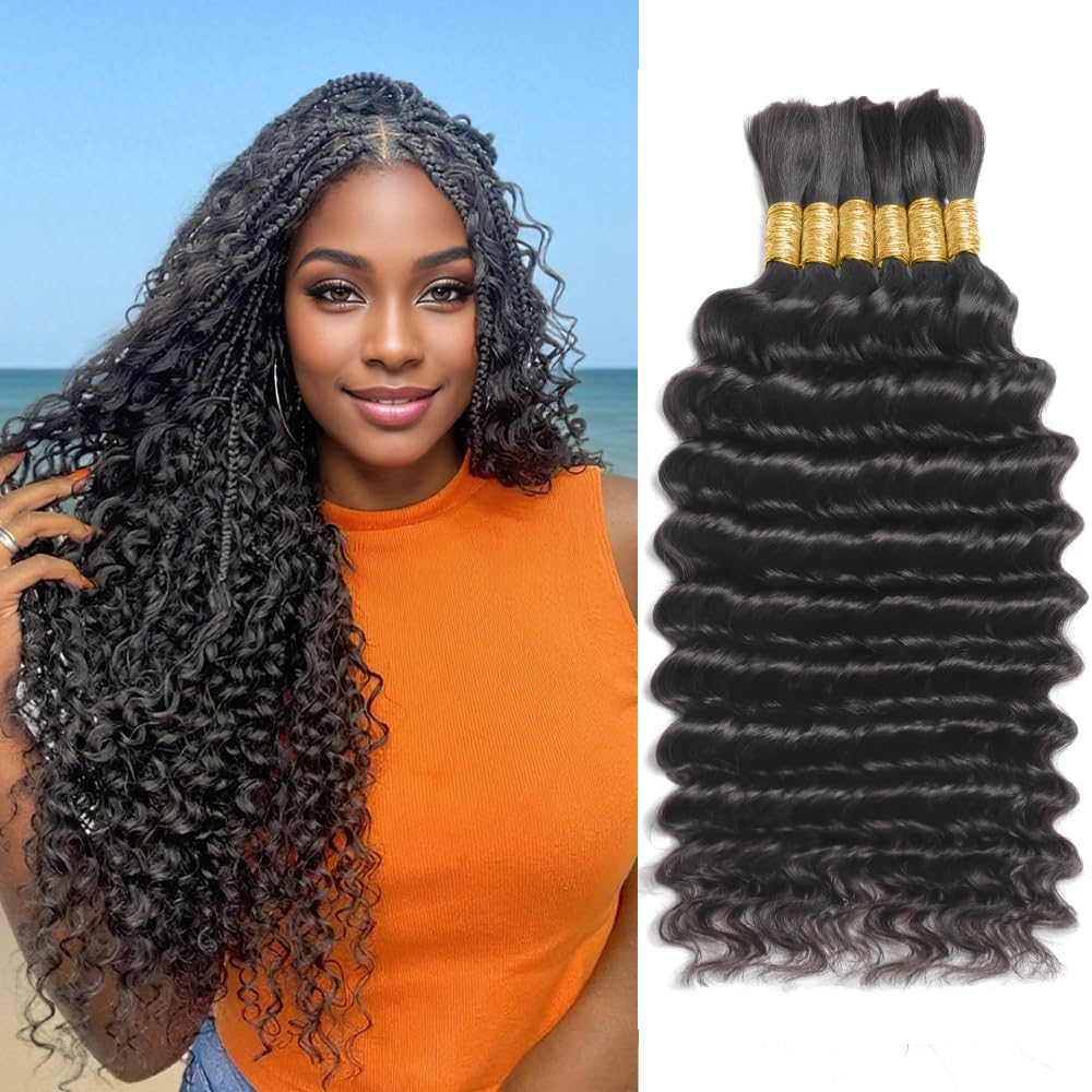 Human Braiding Hair for Boho Braids 150g 6 Bundles/Pack 20 Inch Deep Wave Bundles Human Hair Curly Boho Hair for Braiding 12A Bulk Braiding Hair Wet and Wavy Natural color