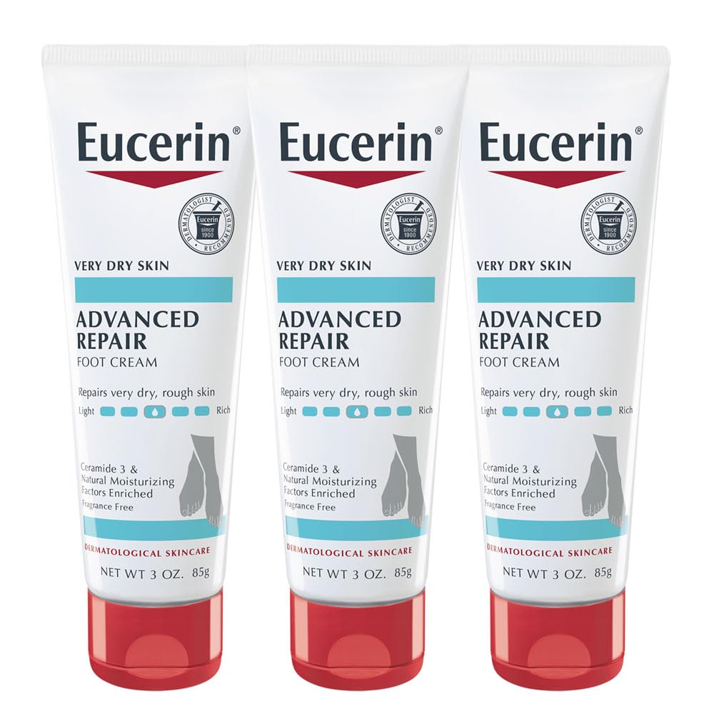 Eucerin Advanced Repair Fußcreme für trockene Füße und Fersen, repariert sehr trockene, raue Haut, parfümfrei, nicht fettend, schnell einziehend, Reisegröße Lotion, 85 g Tube, 3er Pack