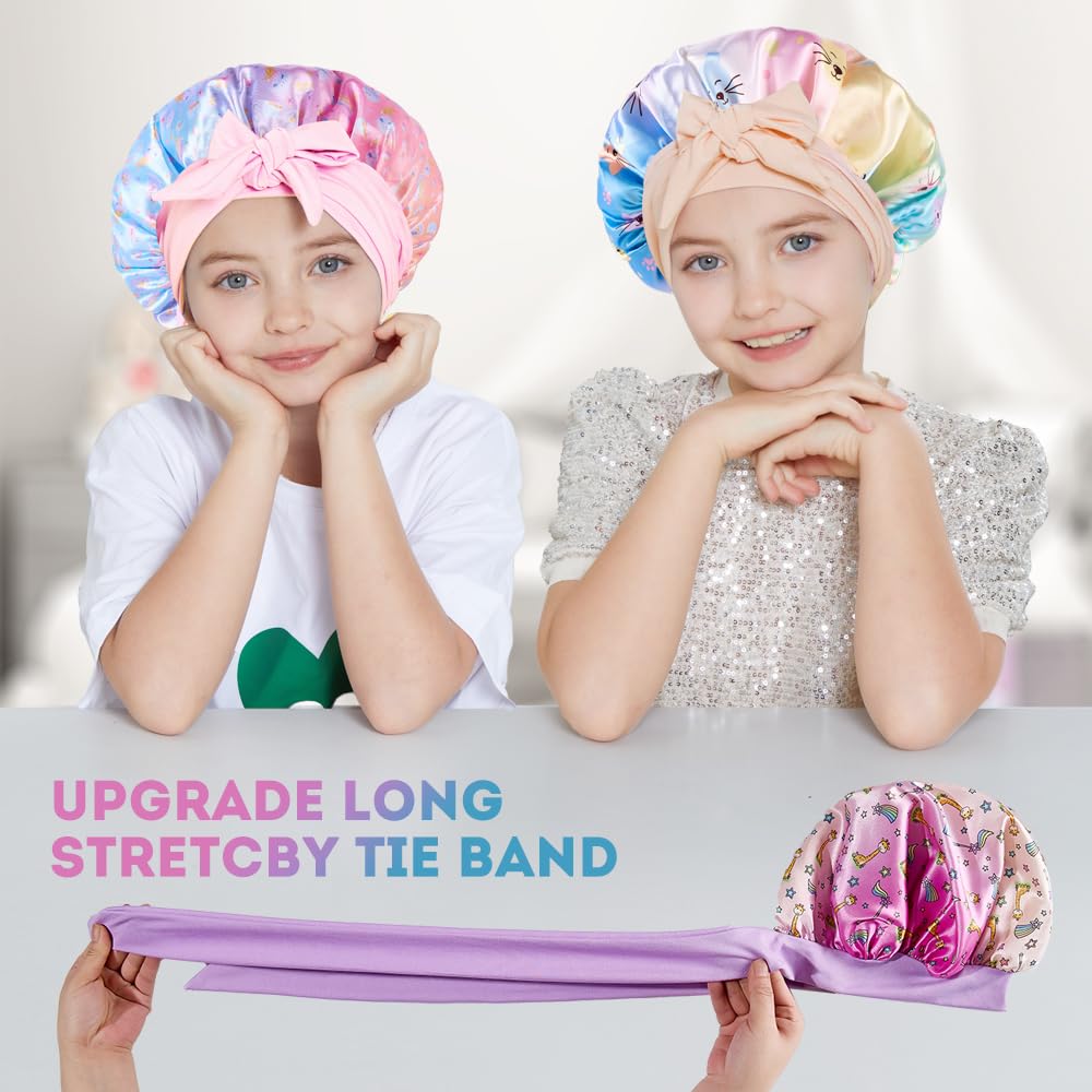 3 PCS Kids Bonnets for Girls,Kids Hair Bonnet,Silk Bonnet for Kid Sleeping,Cute Printed Silk lace up Children's Nightcap,A Sleeping Cap Suitable for Teenagers and Young Children