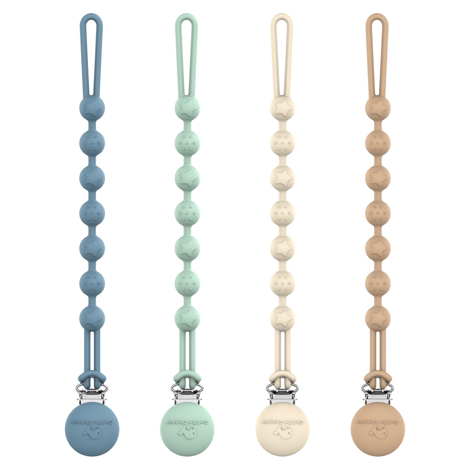 Cuddle Campus Silicone Pacifier Clip Holder with One Piece Design, Pack of 4 Soft Flexible Binky Clips with Texture for Baby Boy and Girl Set 1(6M+)