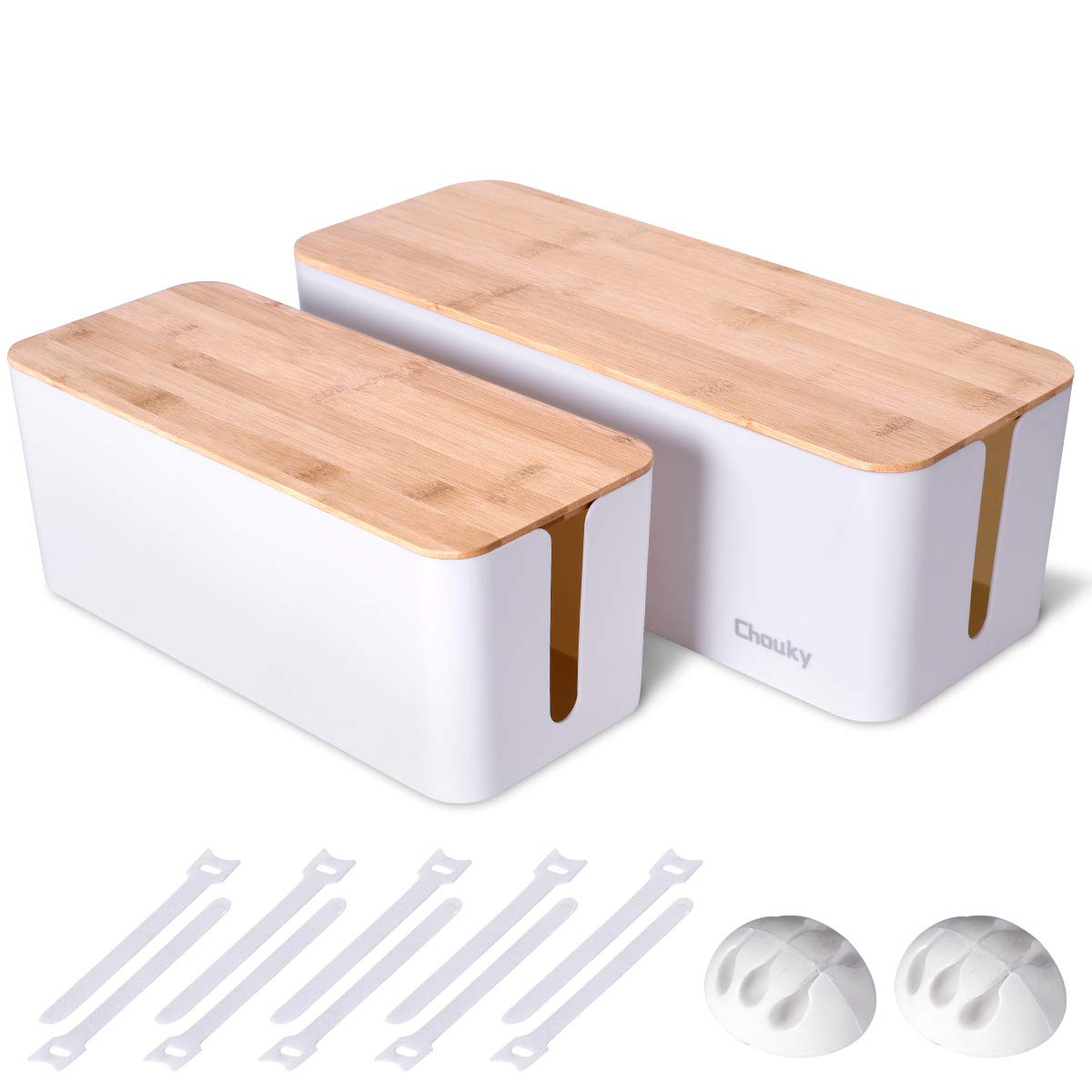 2 Pack Large Cable Management Box – Wooden Style Cord Organizer and Cover for TV Wires, Computer, Router, USB Hub and Under Desk Power Strip – Safe ABS Material and Baby-Pets Proof Lock (White)
