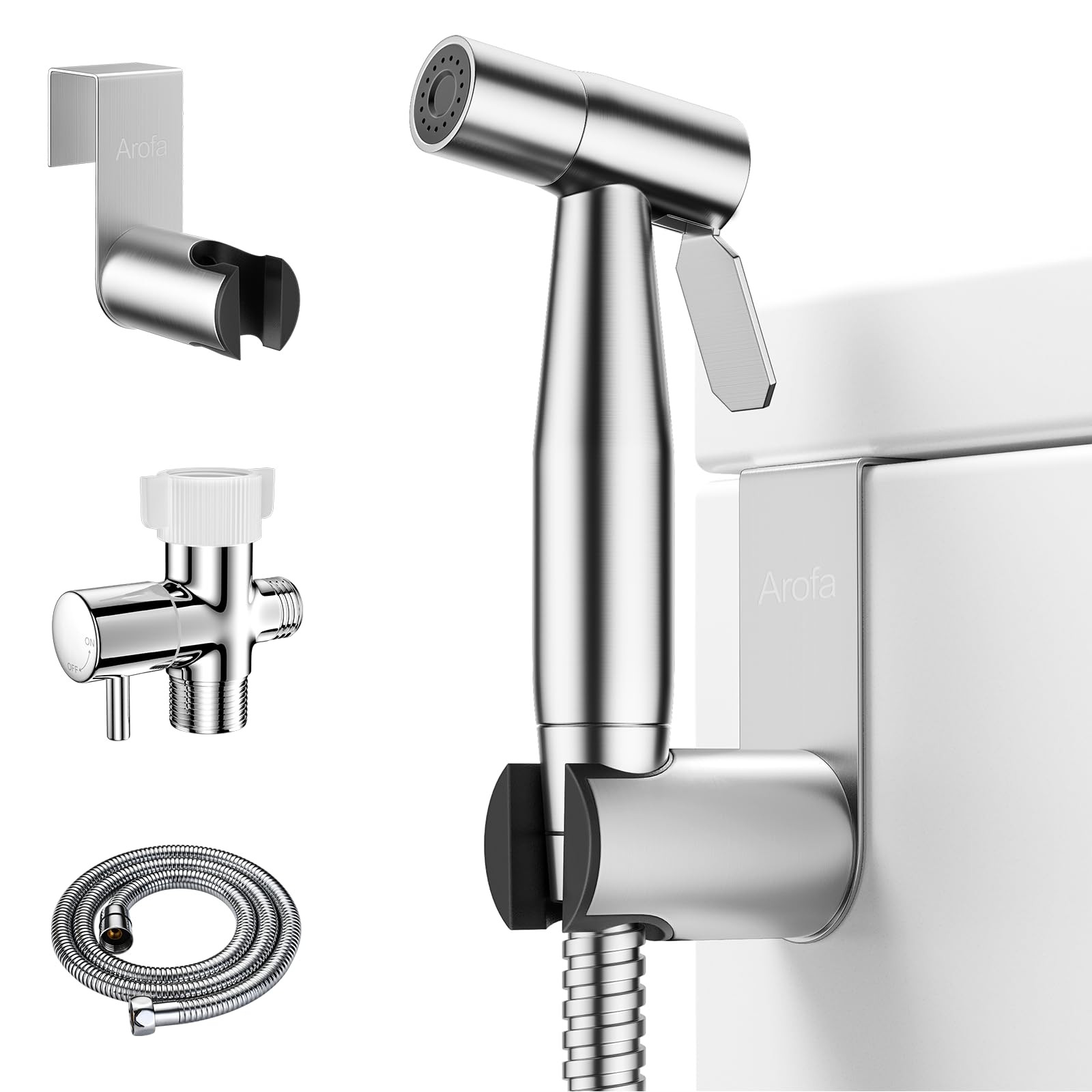 Arofa Handheld Toilet Bidet Sprayer for Toilet-Adjustable Water Pressure Control with Bidet Hose for Feminine Wash, Stainless Steel Brushed Nickel Bidet Faucet Cloth Diaper for Baby Wash