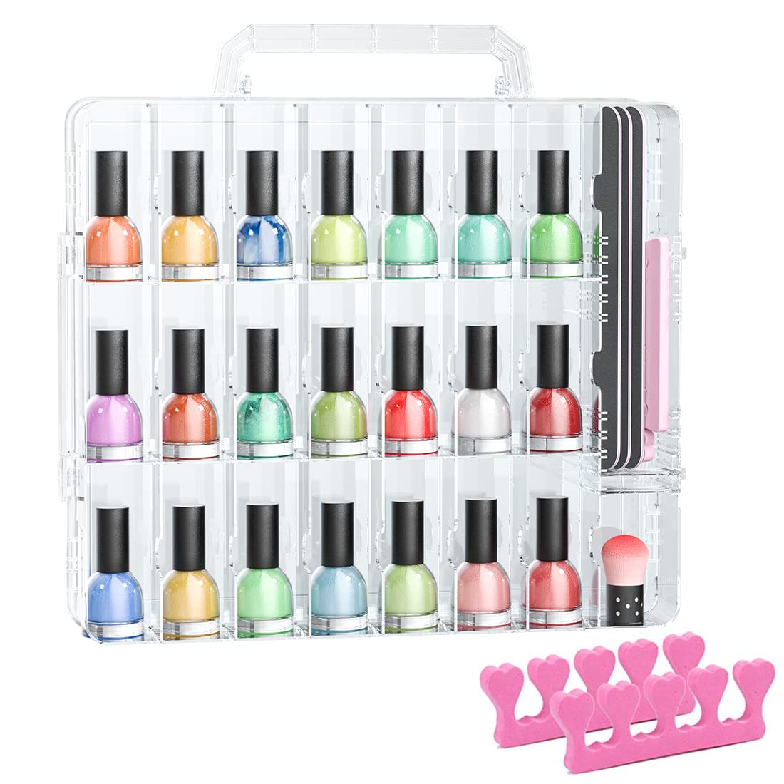 JIASHENG Nagellack Organizer für 48 Flaschen, Gel-Nagellack Aufbewahrungstasche, doppelseitig verstellbare Trennwände für Acryl-Nagelgel-Tauchpulver-Spitzen-Set mit zwei Zehenspreizern