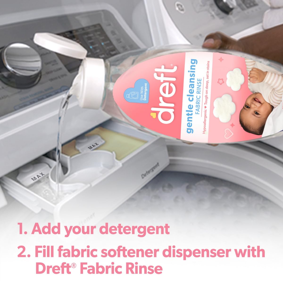 Dreft Baby Gentle Cleansing Fabric Rinse, 48 fl oz, Hypoallergenic, Dermatologist Tested on Sensitive Skin, Odor Remover