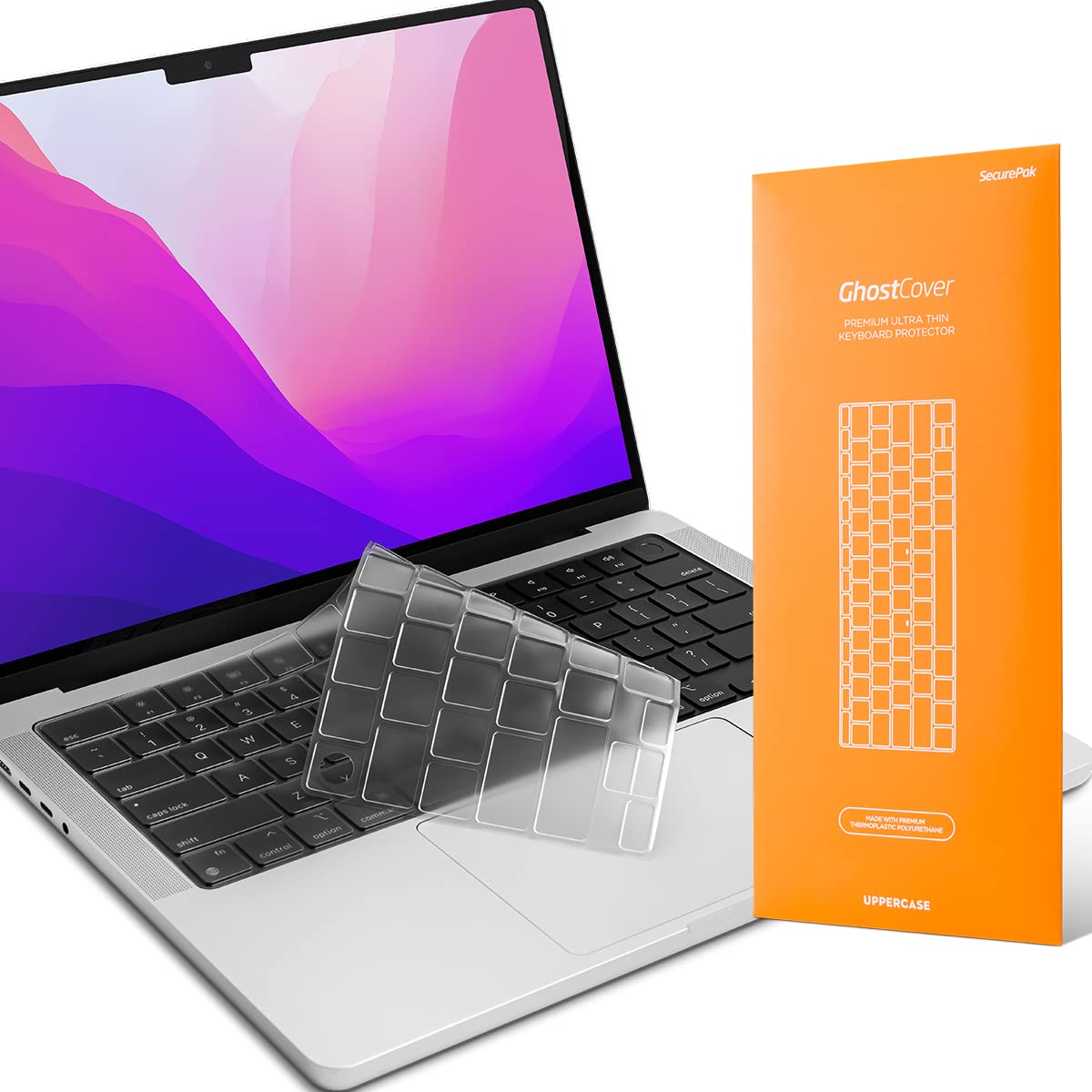 GhostCover Original Premium Ultra Thin Keyboard Cover Protector, Compatible with 2025 2024 2023 2022 2021 M4/M3/M2/M1 Pro/Max MacBook Pro 14/16, M4/M3/M2 MacBook Air 13/15, US ANSI Layout, Clear
