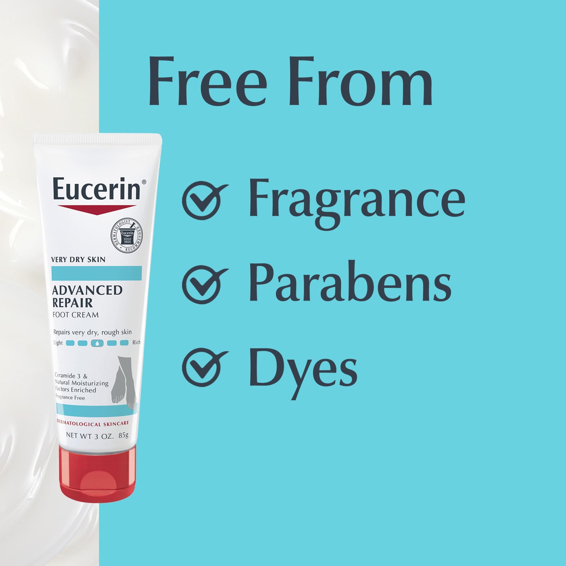 Eucerin Advanced Repair Foot Cream for Dry Feet and Heels, Repairs Very Dry, Rough Skin, Fragrance Free, Non Greasy, Fast Absorbing, Travel Size Lotion, 3 Oz Tube, Pack of 3