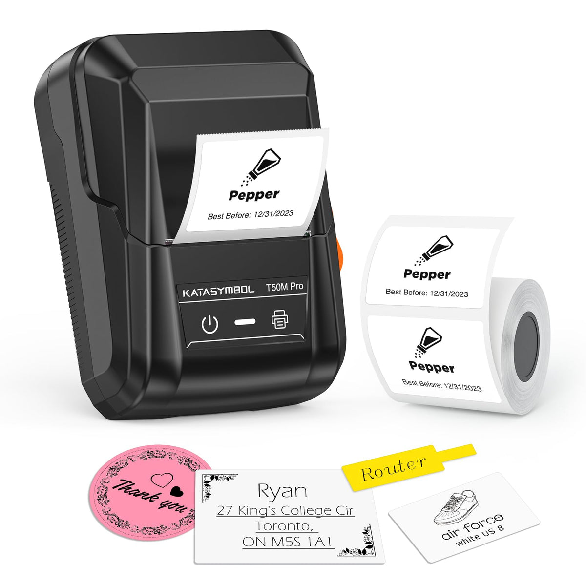 SUPVAN T50M Pro Bluetooth Etikettendrucker mit Band, breites wasserfestes Etikett, vielseitige App mit 40 Schriftarten und 450+ Symbolen, tintenloser Etikettierer für Zuhause, Küche, Schule, Büroorganisation, Schwarz