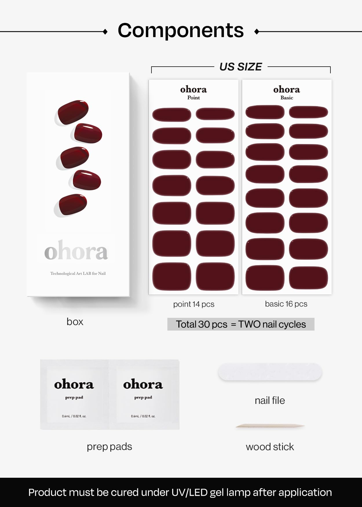 ohora Semi Cured Gel Nail Strips (N Classic Burgundy) - Red, Solid, Works with Any UV/LED Lamps, Salon-Quality, Long Lasting, Easy to Apply & Remove - Includes 2 Prep Pads, Nail File & Wooden Stick