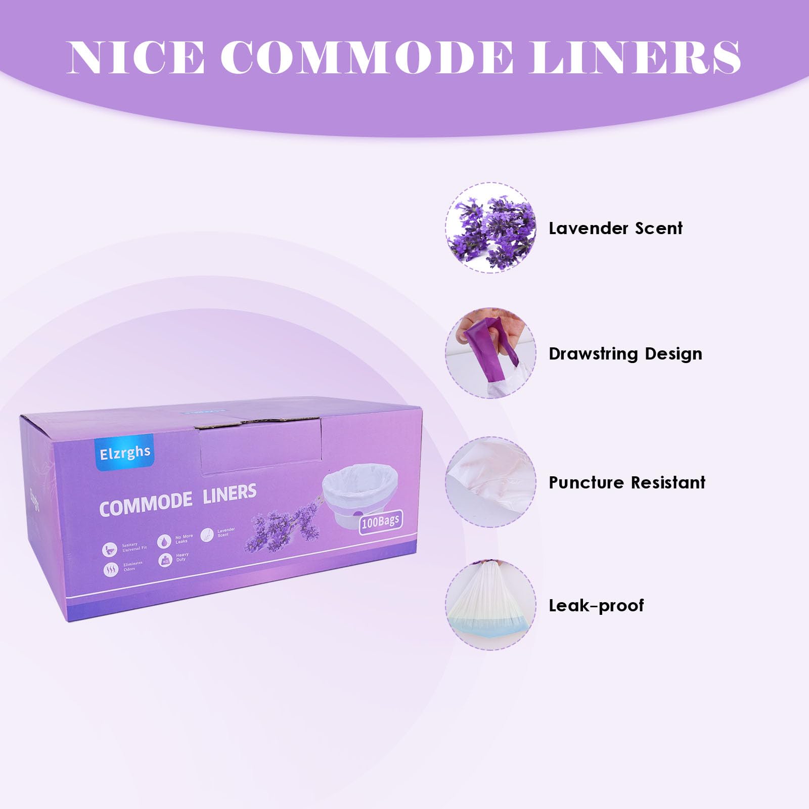Elzrghs Commode Liners for Bedside Commode, Portable Toilet, Bed Pan, 100 Count Lavender Scented Disposable Potty Chair Liners
