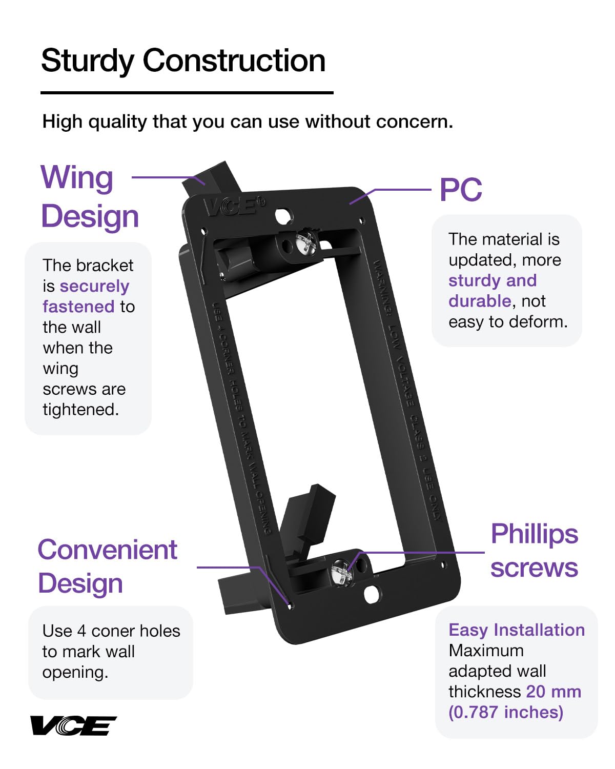 VCE Low Voltage Mounting Bracket (1 Gang, 5 Pack) for Single Gang Wall Plate, Telephone Wires, Network Cables, HDMI, Coaxial, Speaker Cables, Black