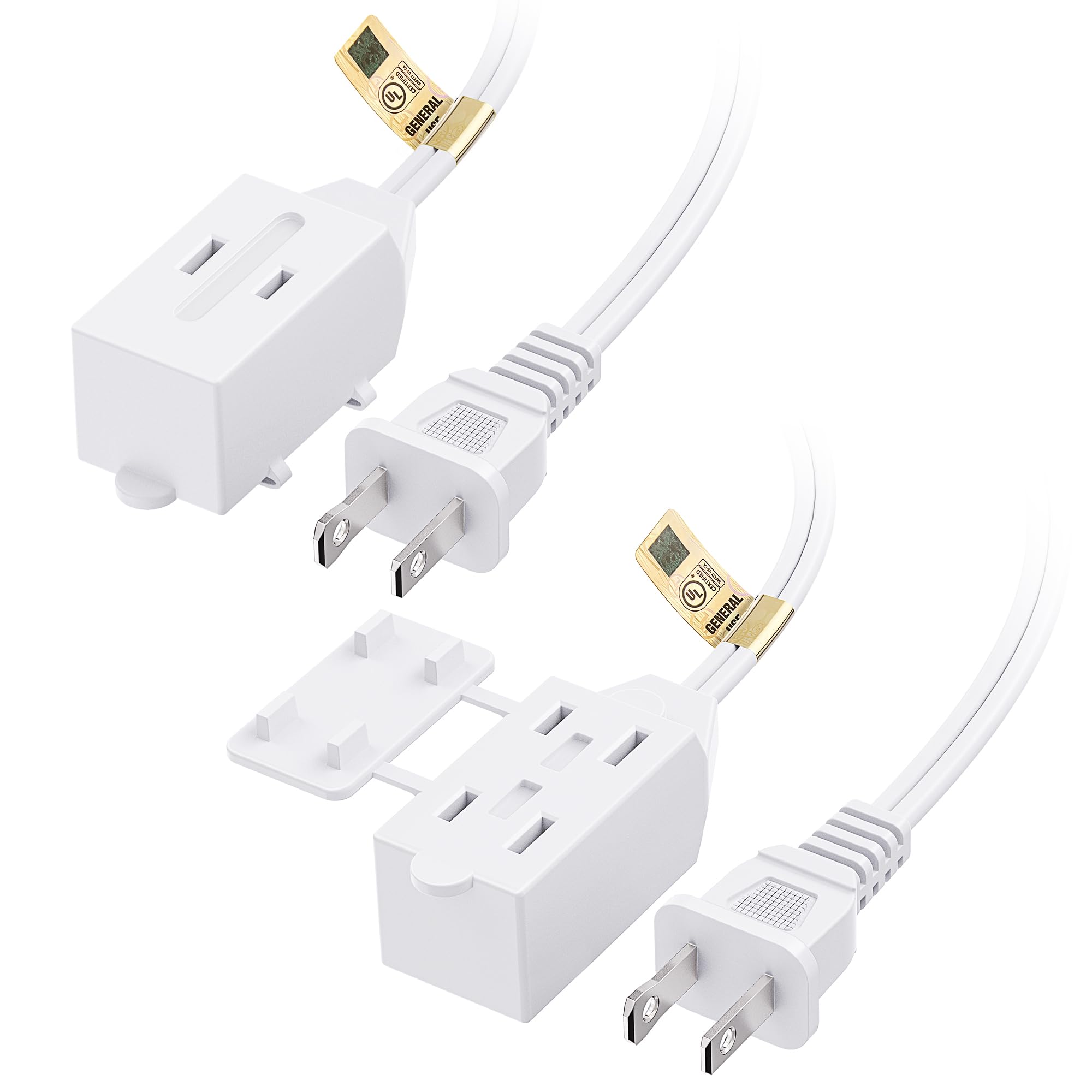 [معتمد من UL] سلك تمديد كيبل ماترز بحزمتين، مقاس 16 AWG، ذو شوكتين، بطول 6 أقدام، أسلاك تمديد بـ 3 منافذ و13 أمبير مع واقي ضد العبث، 13 أمبير، 1625 واط، أبيض