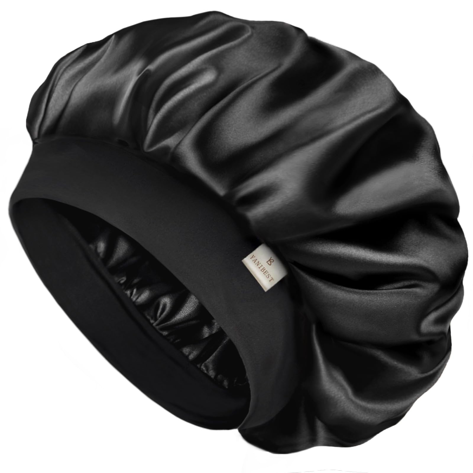 YANIBEST Silk Bonnet for Men Women Hair Bonnet for Sleeping Double Layer Satin Bonnets for Black Women Curly Hair Sleep Cap,Black