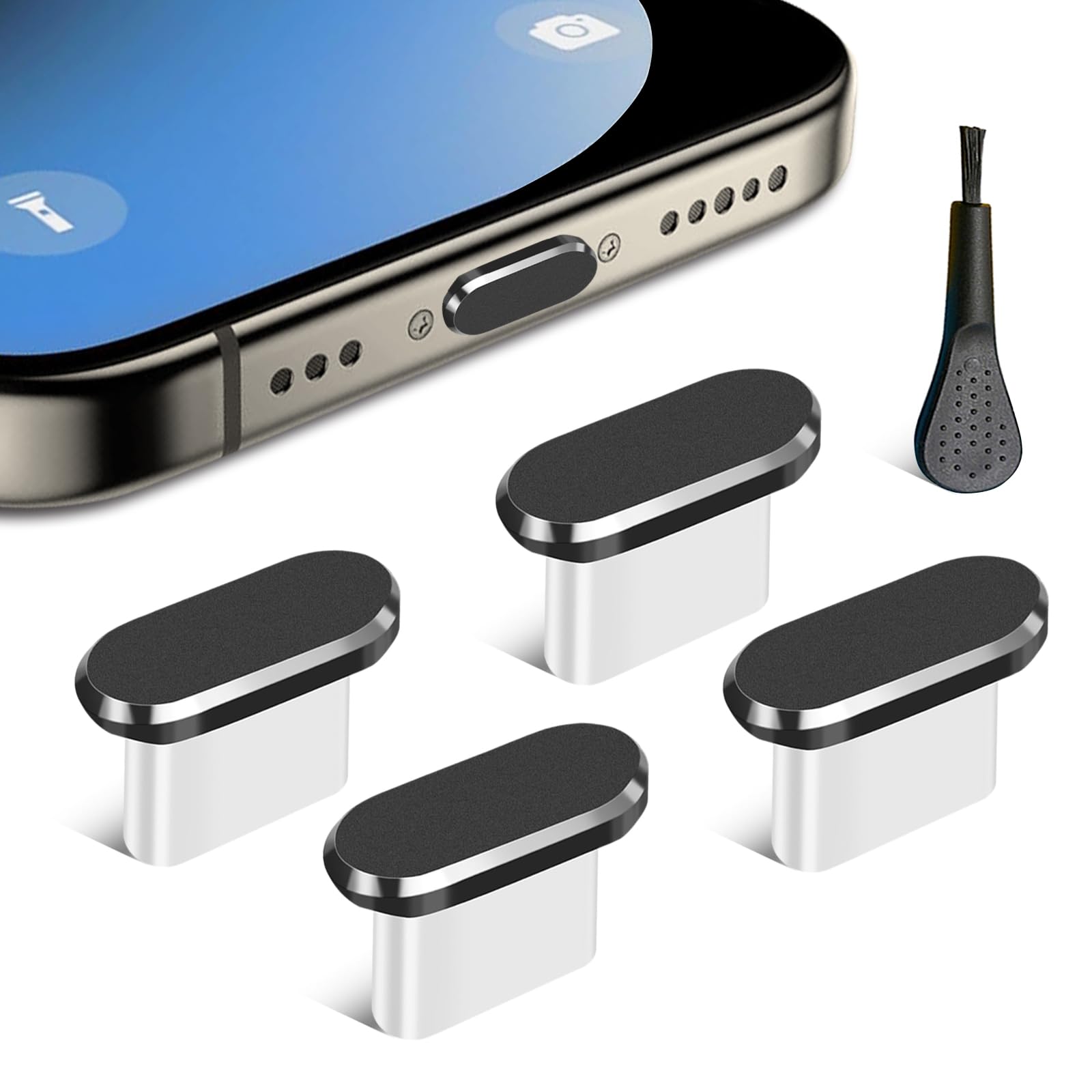 USB C Dust Plug, 4 Pack Type C Anti Dust Plug Cover Charging Port Protector Cap with Cleaning Brush for iPhone 15 Series, Samsung Galaxy S22/S21/S20, Note 20/10, All USB C Devices