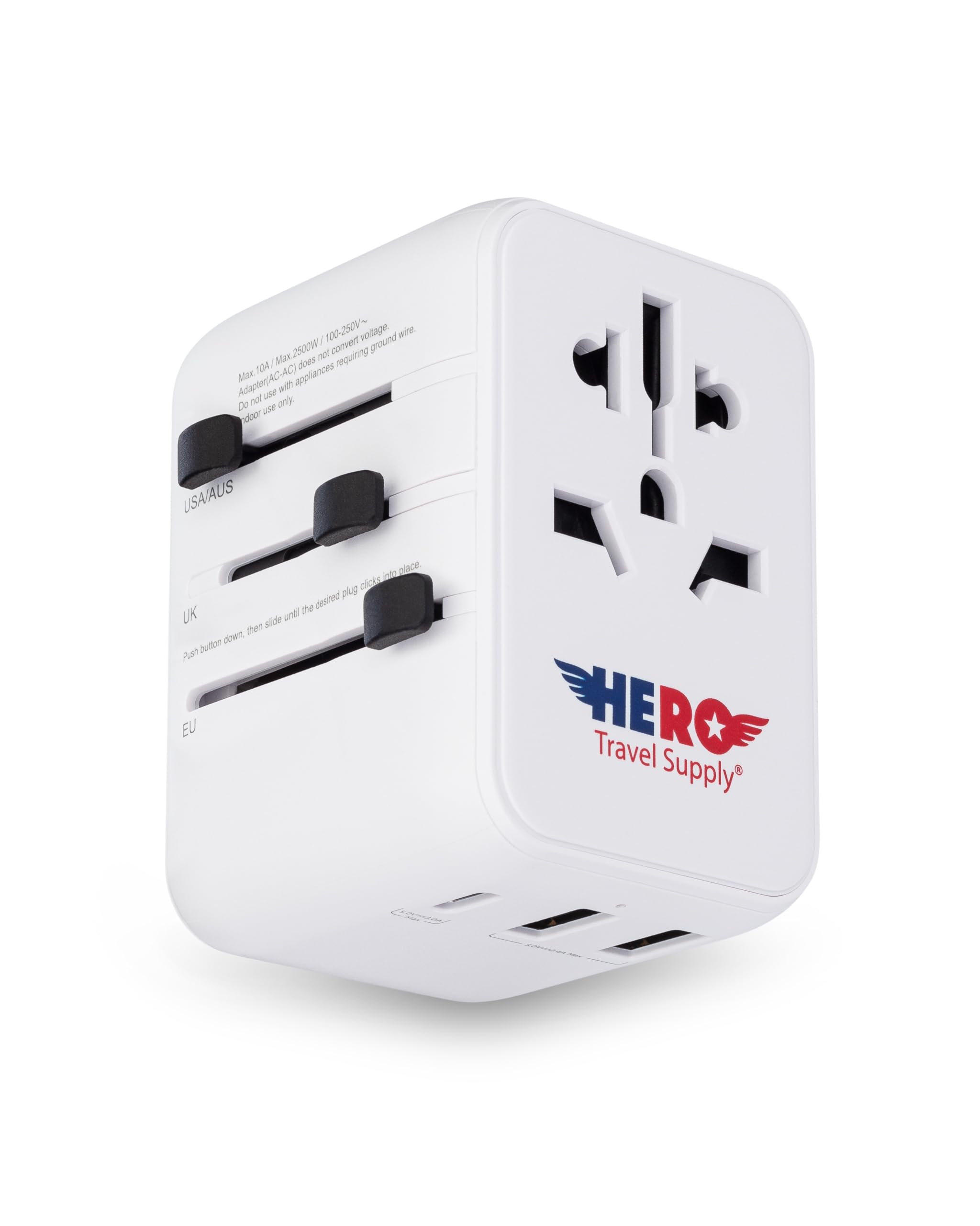 Hero Universal Travel Adapter - Power Plug for US Europe France UK Ireland Thailand NZ Australia 100+ Countries | 2 USB-A & 1 USB-C