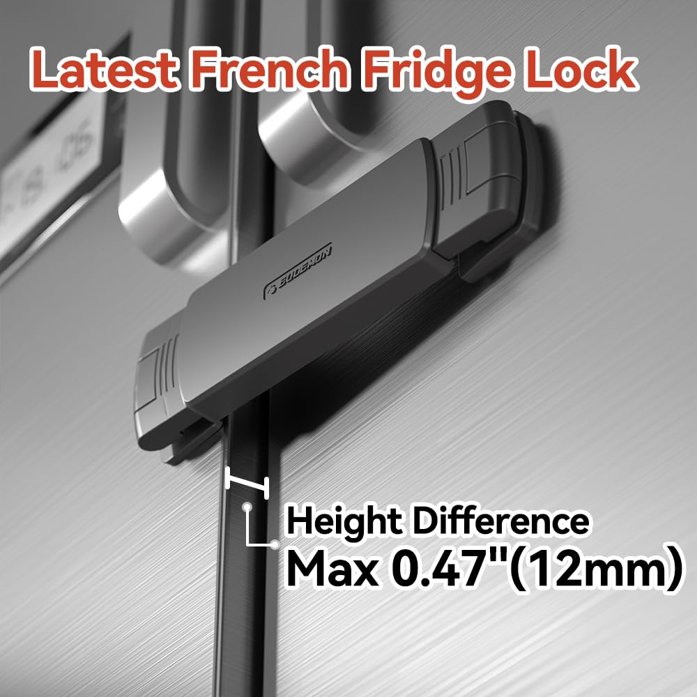 Mom's Choice Gold Awards Winner - EUDEMON 1 Pack Latest French Fridge Lock French Door Refrigerator/Freezer Lock Apply to Max 3.54"(90mm) Two Door Gap Distance for Kids & Babies,Easy to Install(Black)