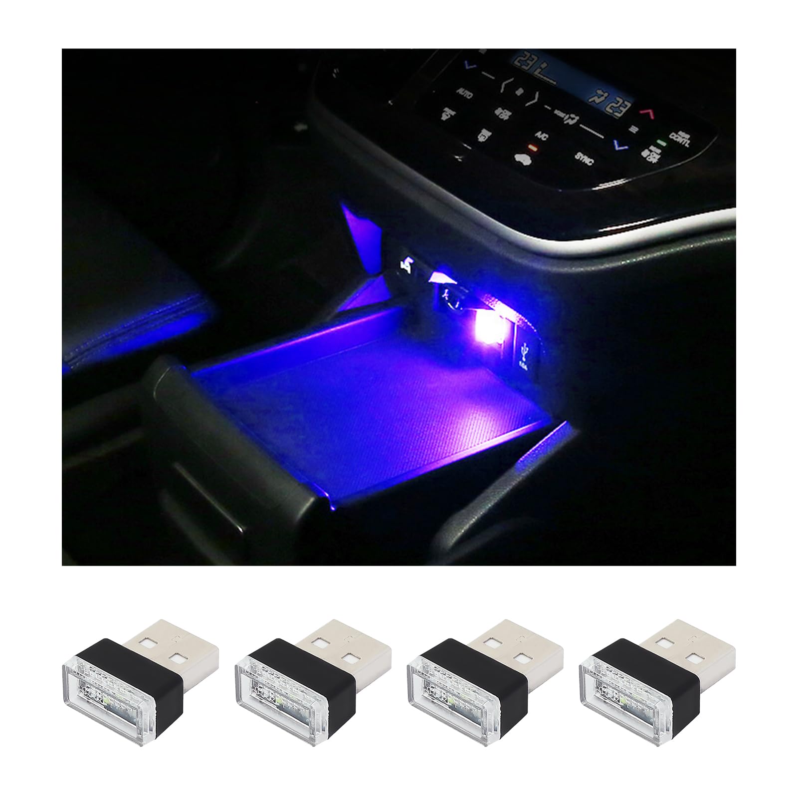 Augeny 4 قطع مصباح جو داخلي للسيارة LED USB، ضوء ليلي مزخرف بمقبس USB، مجموعة إضاءة محيطة محمولة للسيارات، اكسسوارات داخلية عالمية للمركبات لمعظم السيارات (أزرق)