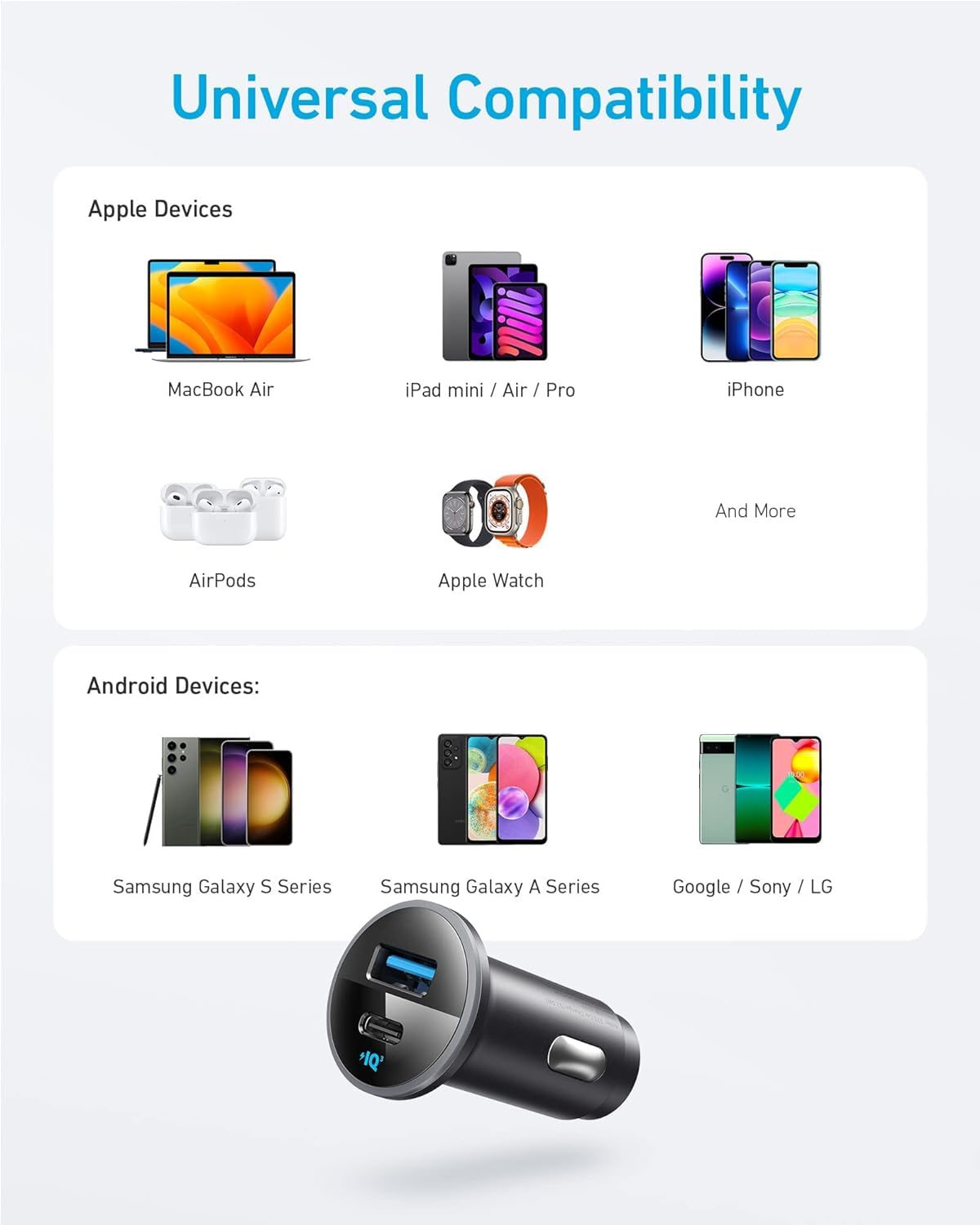 Anker 323 USB-C Car Charger Adapter, 52.5W Cigarette Lighter Charger with 30W PowerIQ 3.0 Fast Charging for iPhone 15/15 Pro Max, 14/13/12 Series, Galaxy S23/22, Pixel