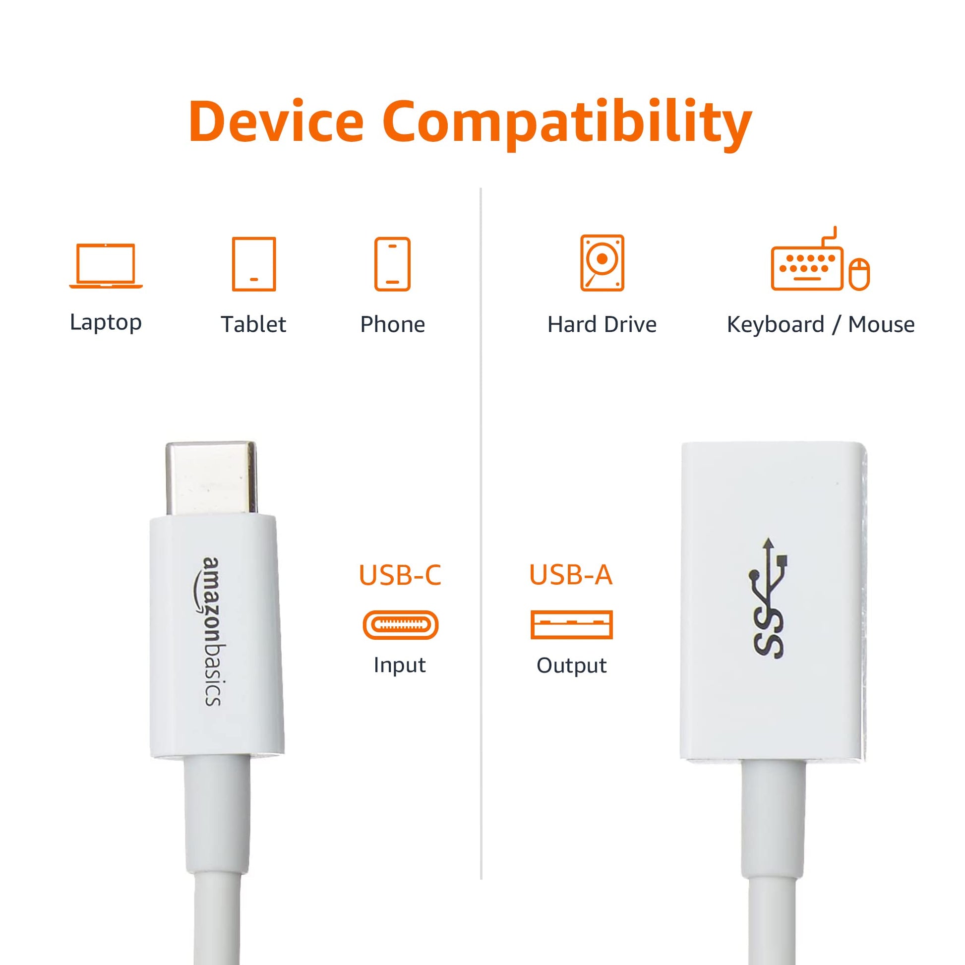Amazon Basics USB-C to USB-A 3.1 Gen1 Female Adapter Cable Converter, 5Gbps High-Speed, USB-IF Certified, for Laptops, Tablets, Phones (iPhone 16/15), White