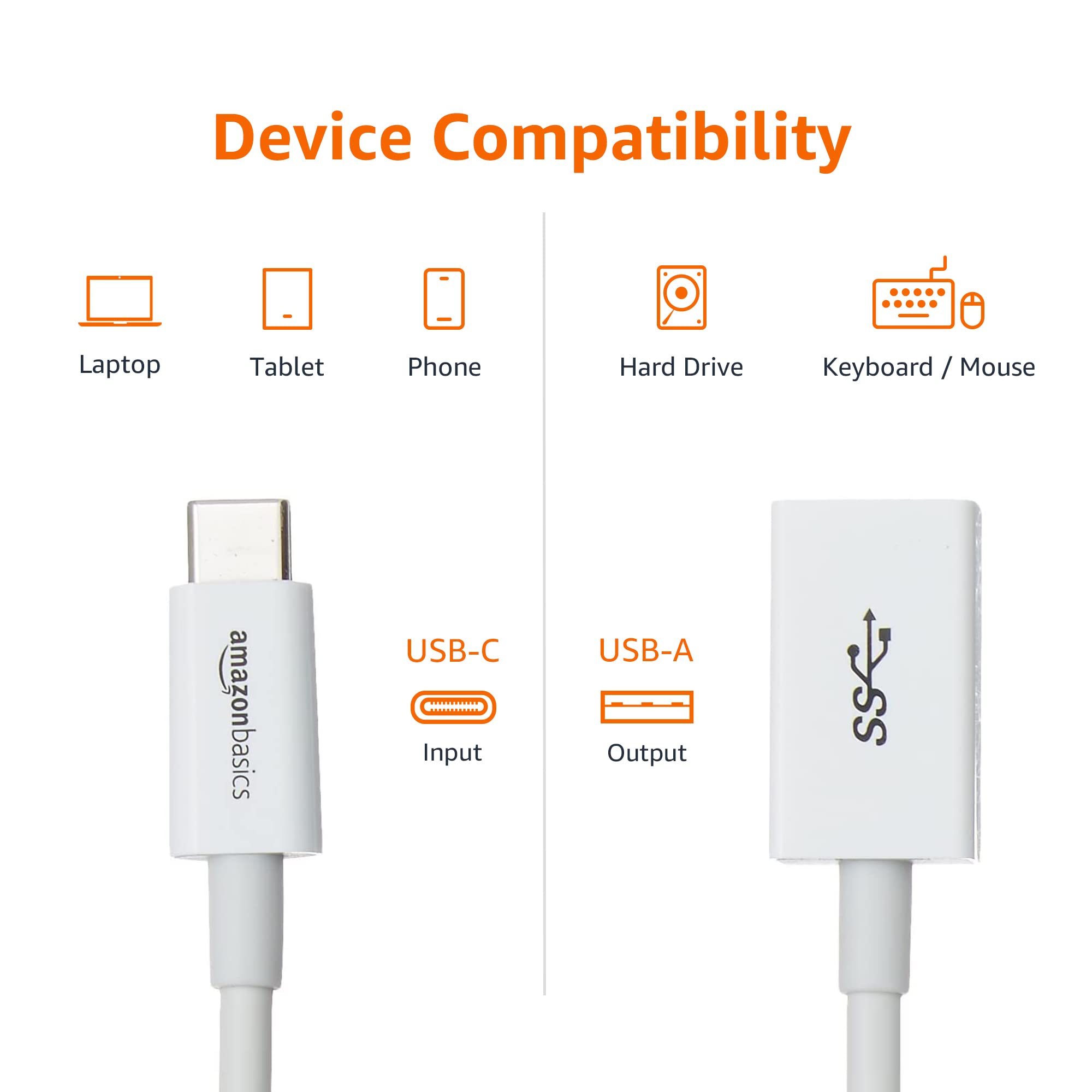 Amazon Basics USB-C to USB-A 3.1 Gen1 Female Adapter Cable Converter, 5Gbps High-Speed, USB-IF Certified, for Laptops, Tablets, Phones (iPhone 16/15), White