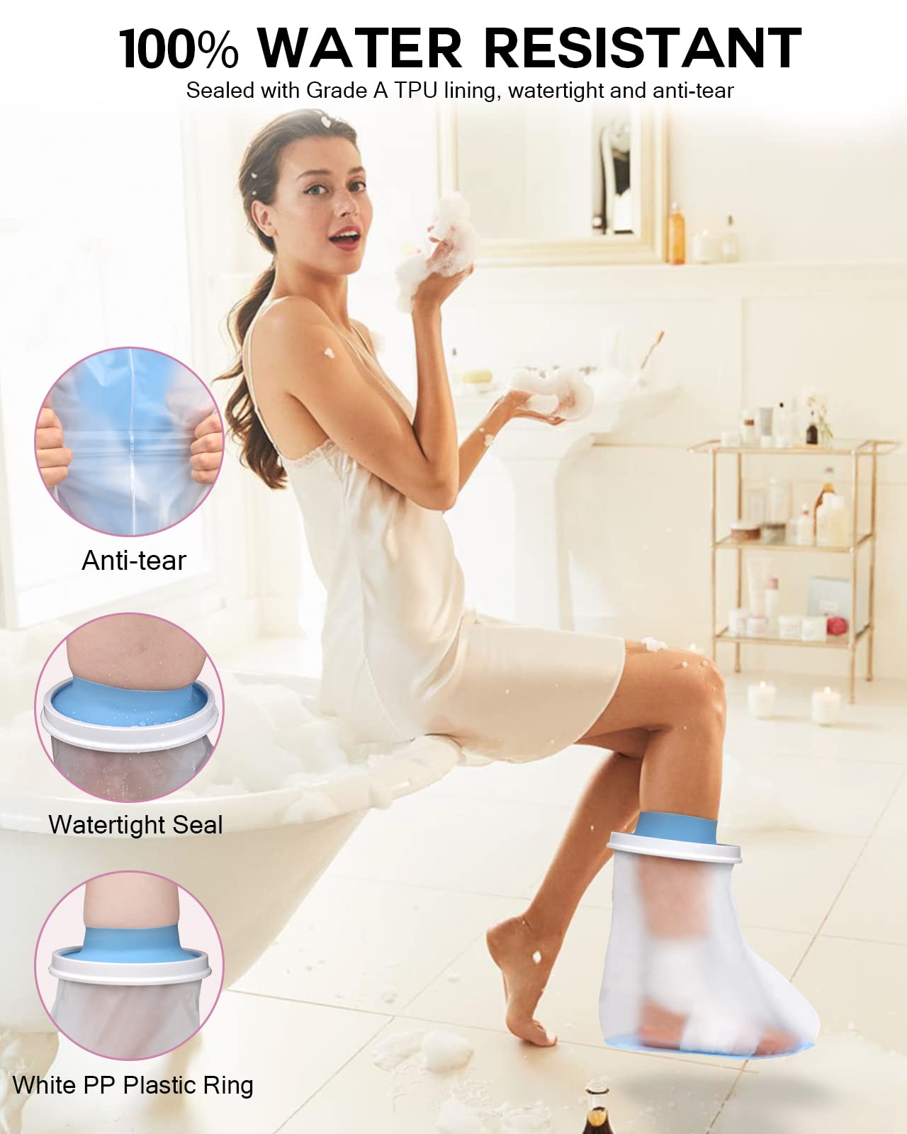 DNEOUXI Waterproof Foot Cover for Shower Adult, Foot Cast Covers with Non-Slip Padding Bottom, Watertight Ankle Foot Cast Protector for Surgery Bandage Dressing Wound, Reusable