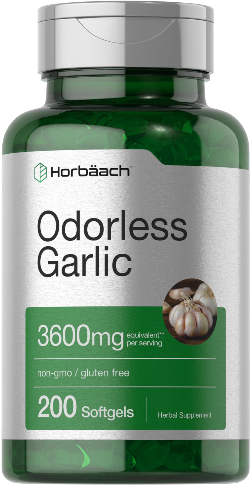 Horbaach Geruchlose Knoblauch-Softgels 3600 mg | 200 Stück | Hochwirksamer Knoblauchextrakt | Gentechnikfrei & Glutenfrei Nahrungsergänzungsmittel