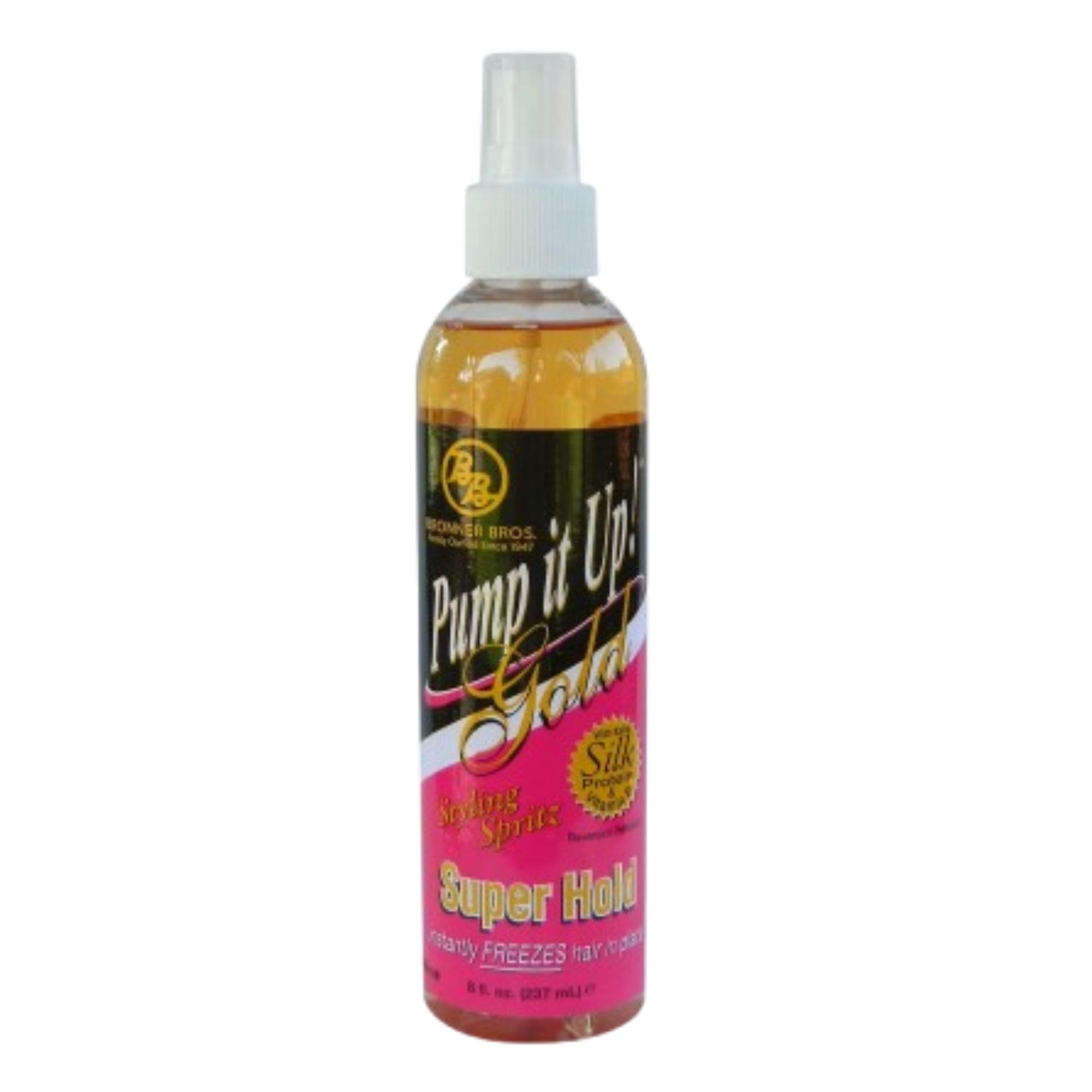 Bronner Bros Pump It Up Styling Spritz Gold 80% – Schnelltrocknendes Haarspray Extra Starker Halt mit Vitamin B5 & Seidenprotein – Finishingspray mit maximalem Halt, verleiht Glanz, pflegt, keine Rückstände – 236ml