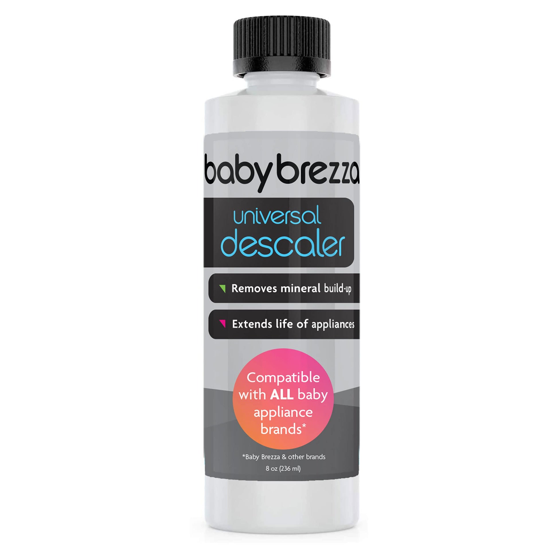 Baby Brezza Descaler 8 oz. Made in USA. Universal Descaling Solution for Baby Brezza and other baby appliances. Removes mineral build-up and extends your machine’s lifespan.