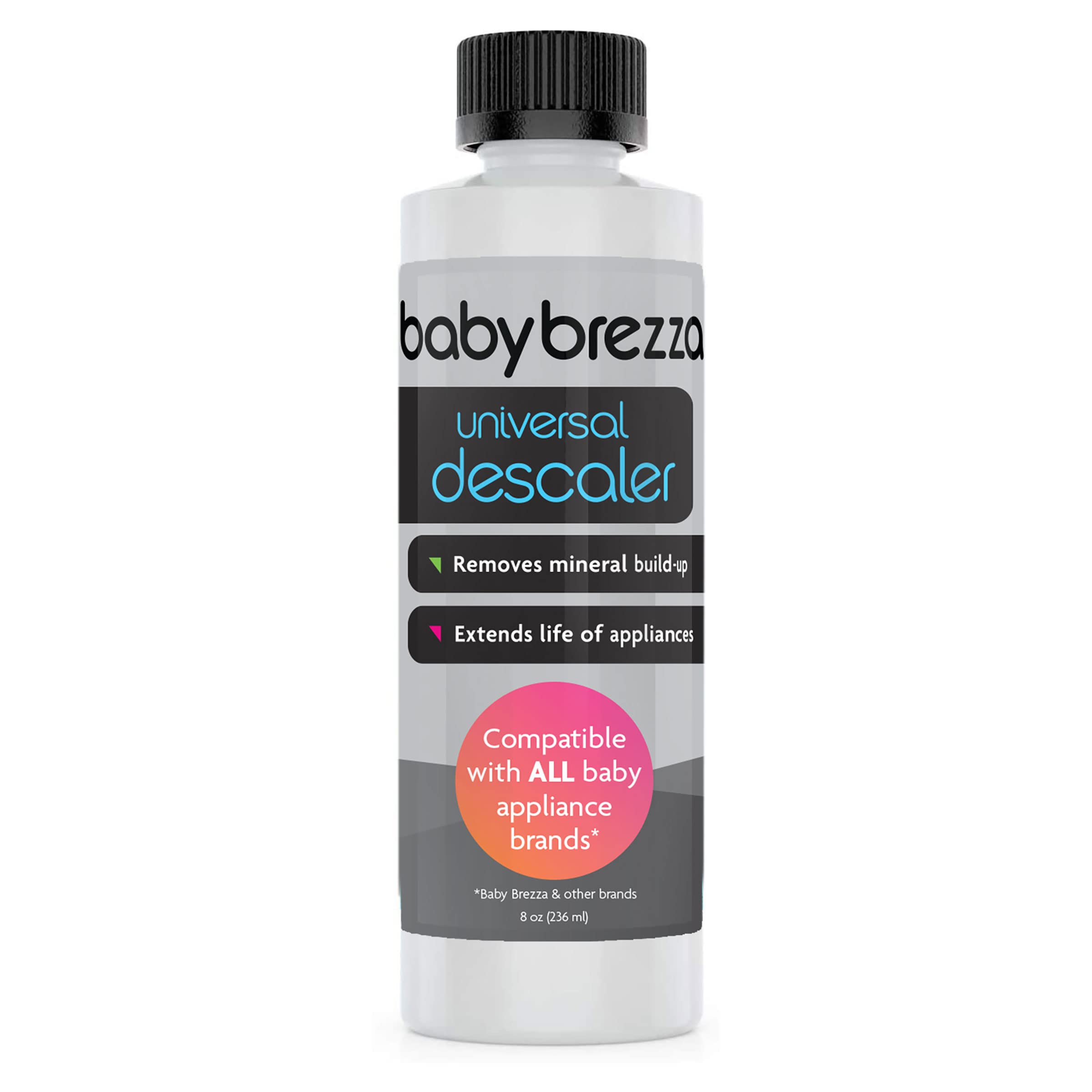 Baby Brezza Descaler 8 oz. Made in USA. Universal Descaling Solution for Baby Brezza and other baby appliances. Removes mineral build-up and extends your machine's lifespan.
