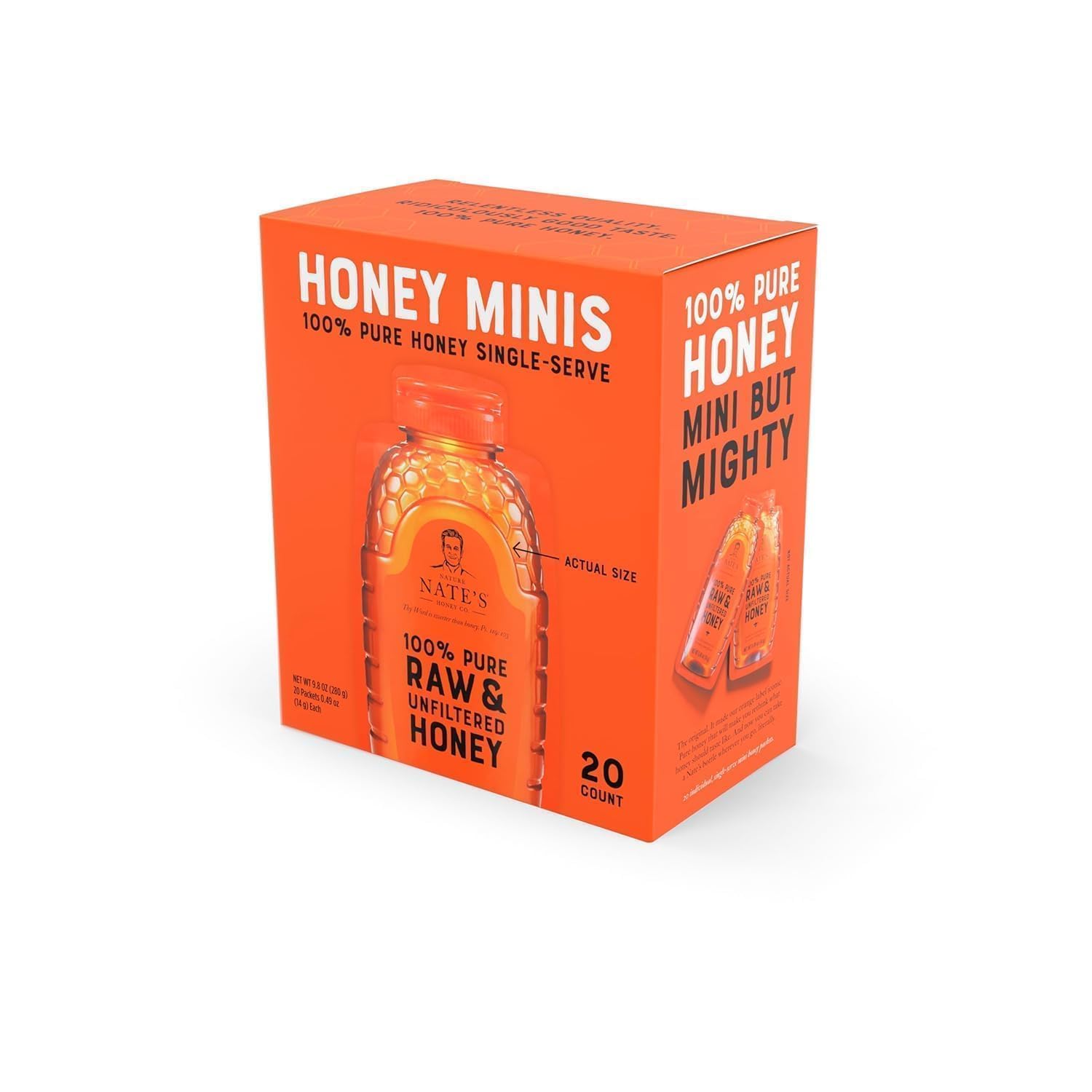 Nate's Honey Minis - Einzelportion 100 % reiner, roher und ungefilterter Honig - 14 g Päckchen, 20er-Packung
