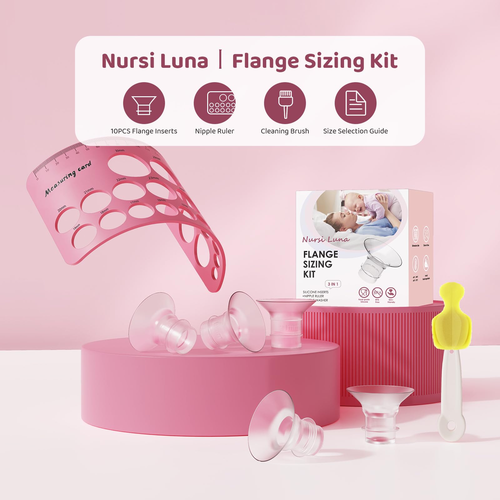 Nursi Luna Flange Sizing Kit 3 in 1 with 10PCS Flange Inserts 13/15/17/19/21mm, Silicone Breast Pump Flanges Insert Kit for 24mm Electric Breast Pump, Pumping Breastfeeding Essentials Kit for New Mom
