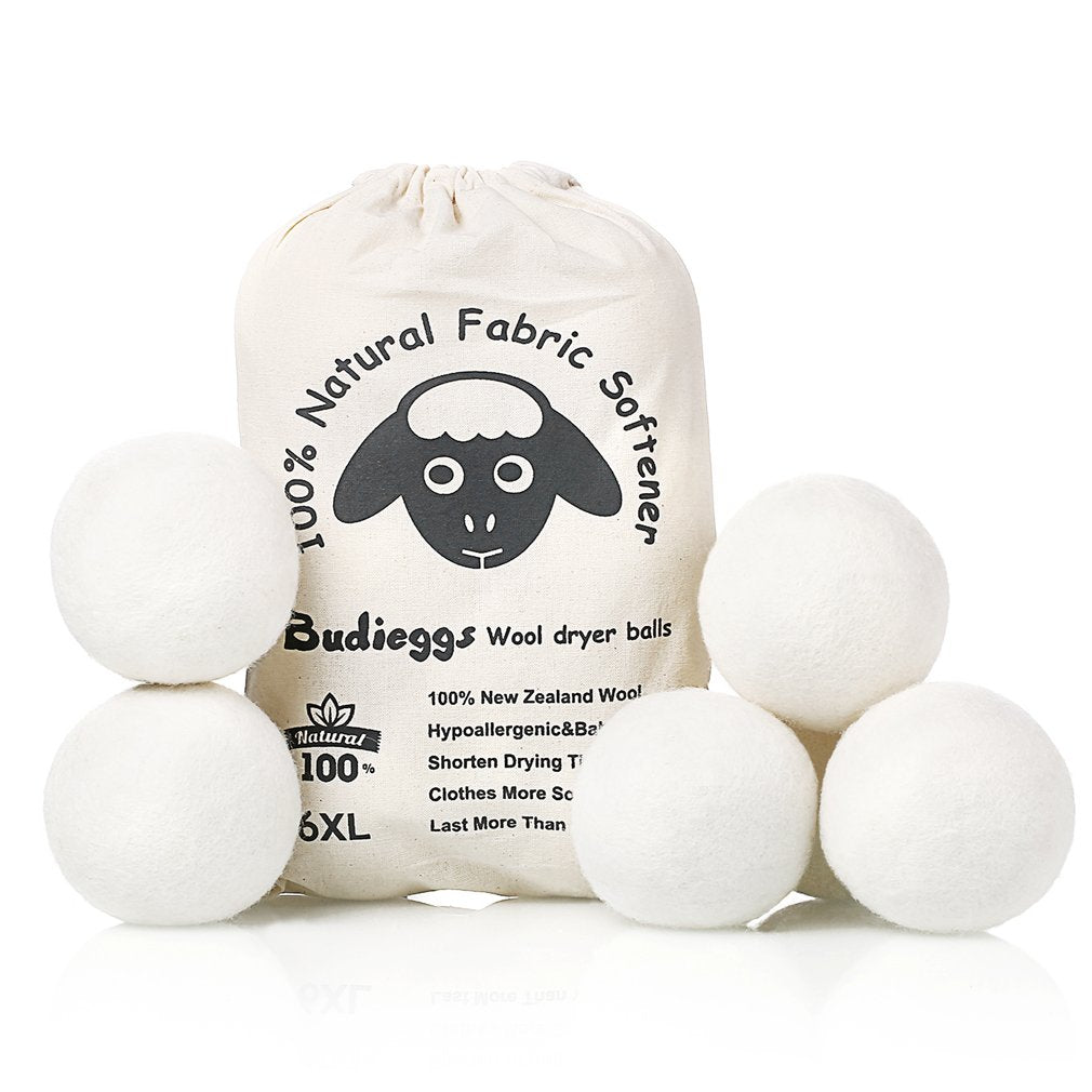 Budieggs Wäschetrocknerbälle, Wolle, Bio, XL, 6er-Pack, 100 % Neuseeland, chemiefreier Weichspüler für über 1000 Wäschen, babysicher und hypoallergen, reduziert Falten und verkürzt die Trocknungszeit auf natürliche Weise