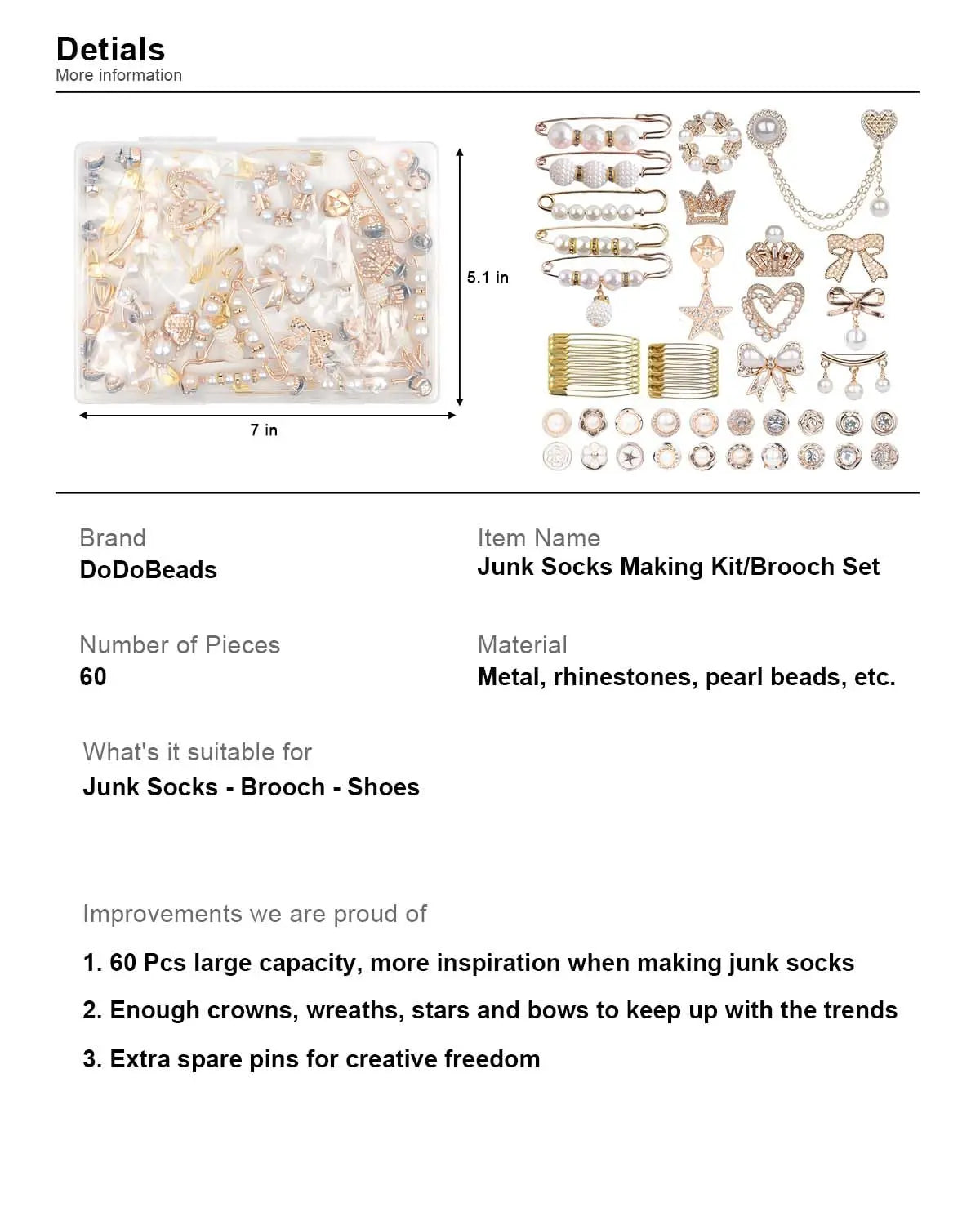 DoDoBeads 60 Pcs Junk Socks Charms Kit, Gold Brooches and Pins for Women, Pearl and Rhinestone Sock Charms with Safety Pins, DIY Accessories for Decorating and Personalizing Socks