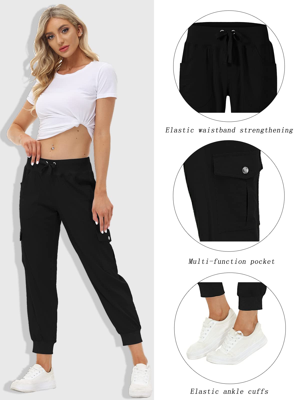 MoFiz Womens Lightweight Hiking Pants with Pockets Quick Dry Athletic Outdoor Summer Travel Casual Sweatpants Cargo Pant for Women Black M